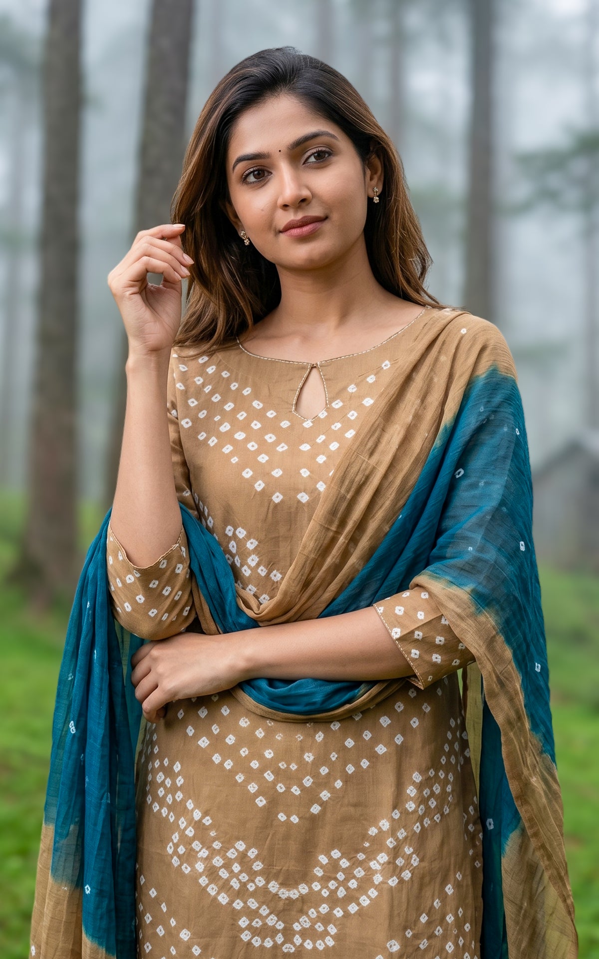 Instore – Khaki Brown Rithushka Kurti Pant Dupatta Set for Women – Cotton – Bandhani Printed – Ethnic Wear