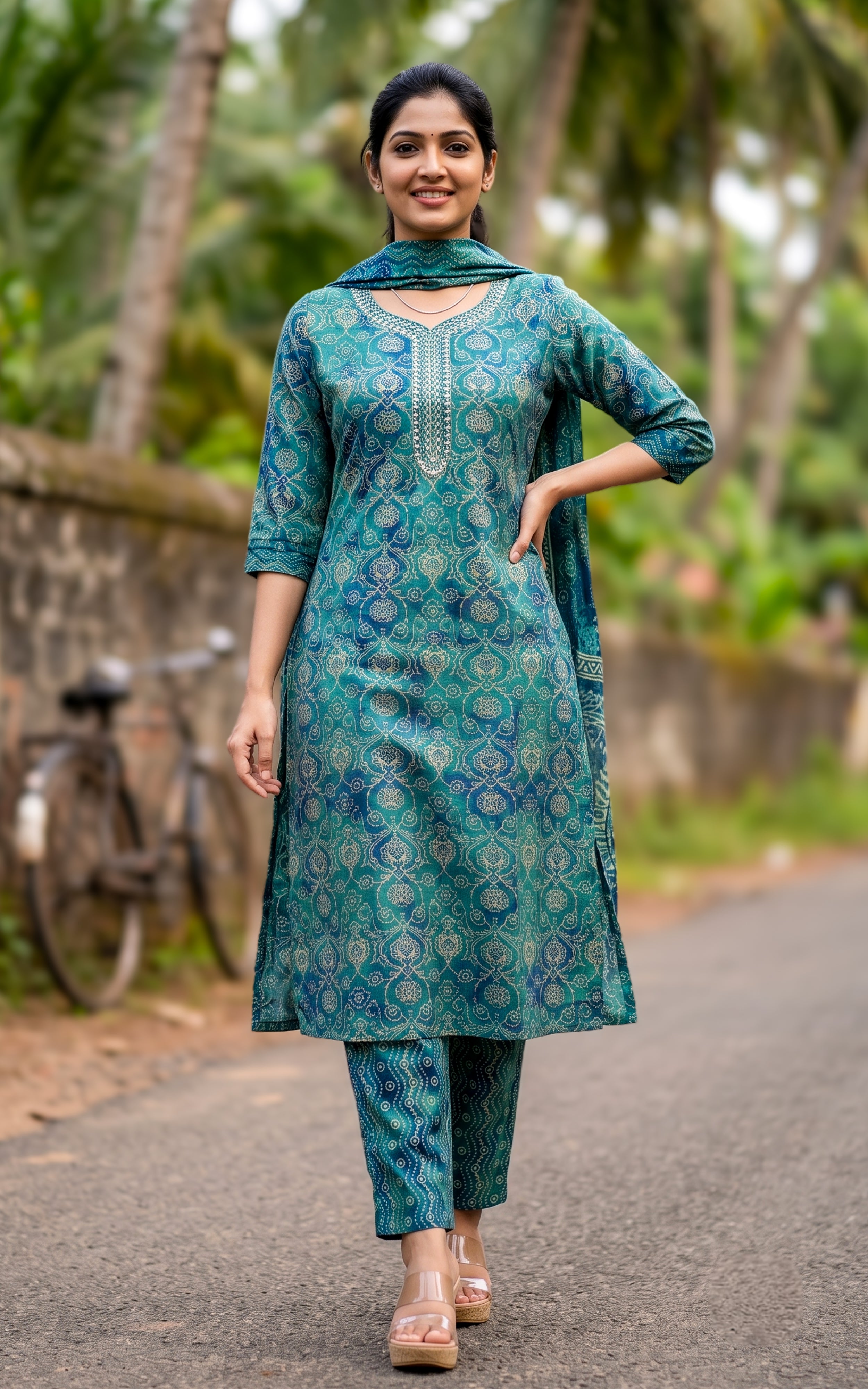 Dark Turquoise Art Silk Ethnic Wear Kurti Set with Dupatta for Women