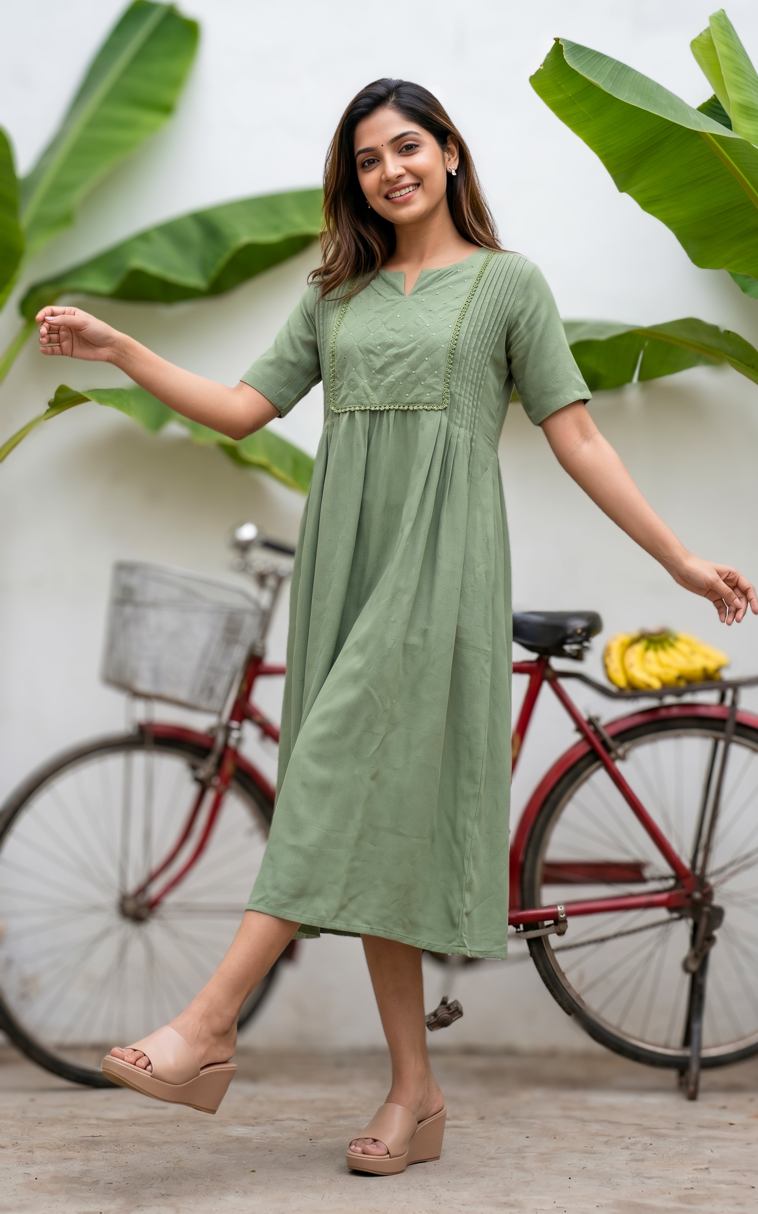 Women Sage Green Viscose Maxi Dress