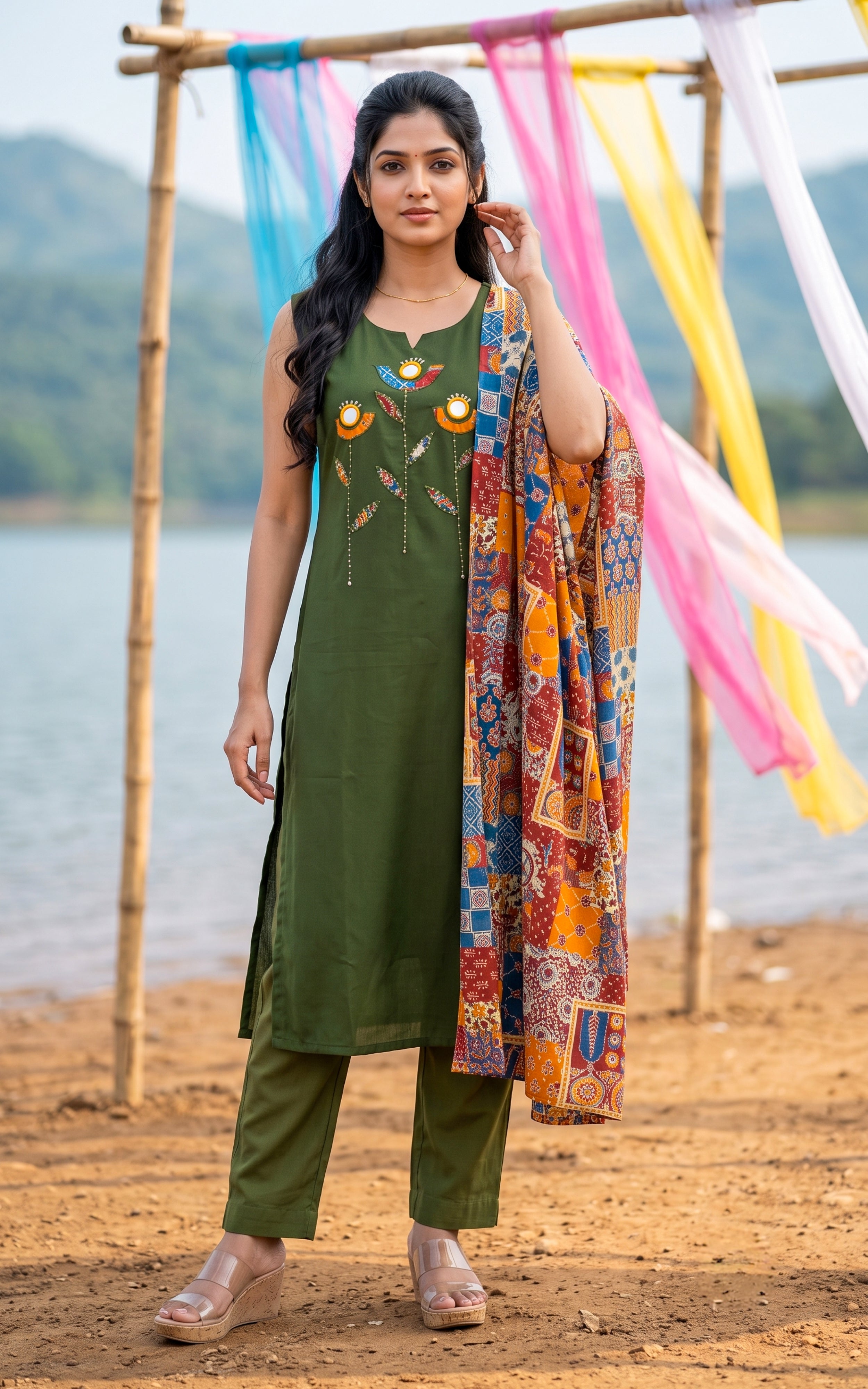 Instore – Green Carolina Kurti Pant Dupatta Set for Women – Cotton – Printed – Ethnic Wear