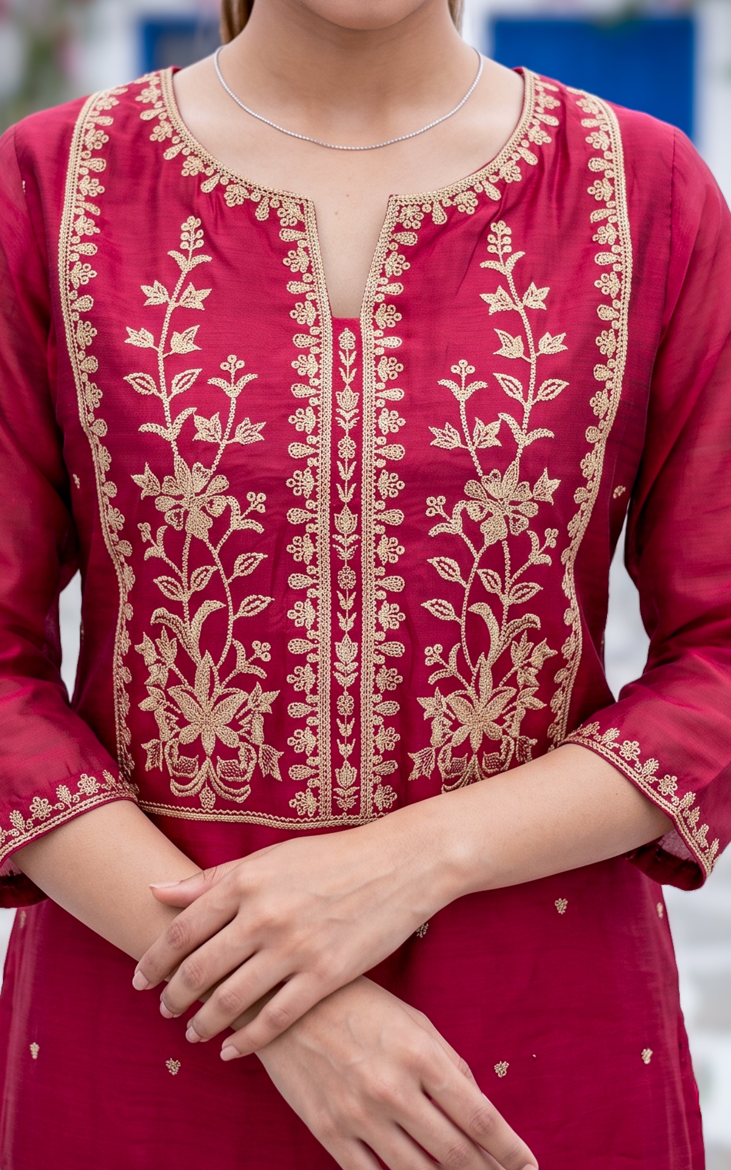 Red Chanderi Straight Cut Kurti Set for Women