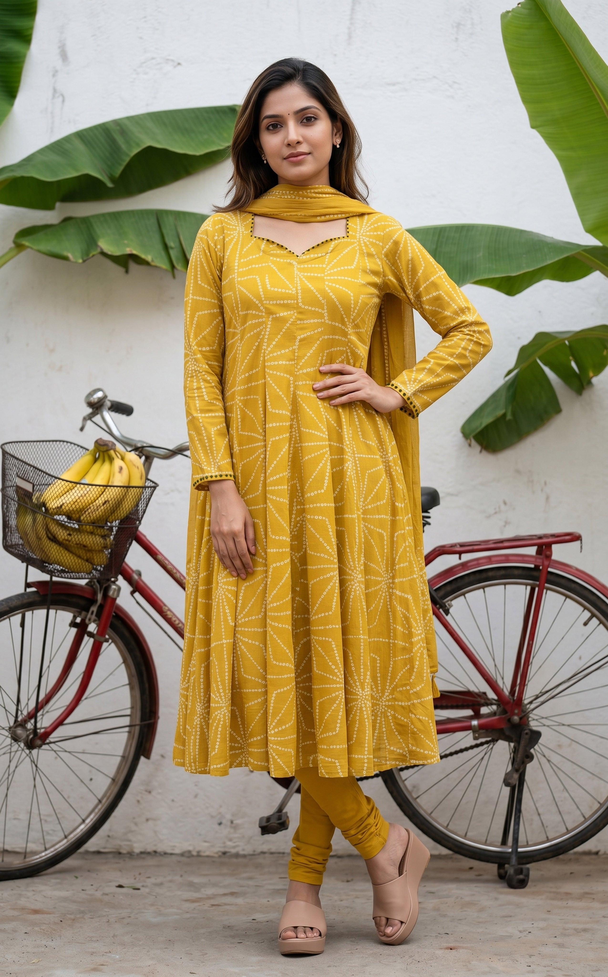 Lightweight Lime Yellow Cotton Anarkali Kurti Women