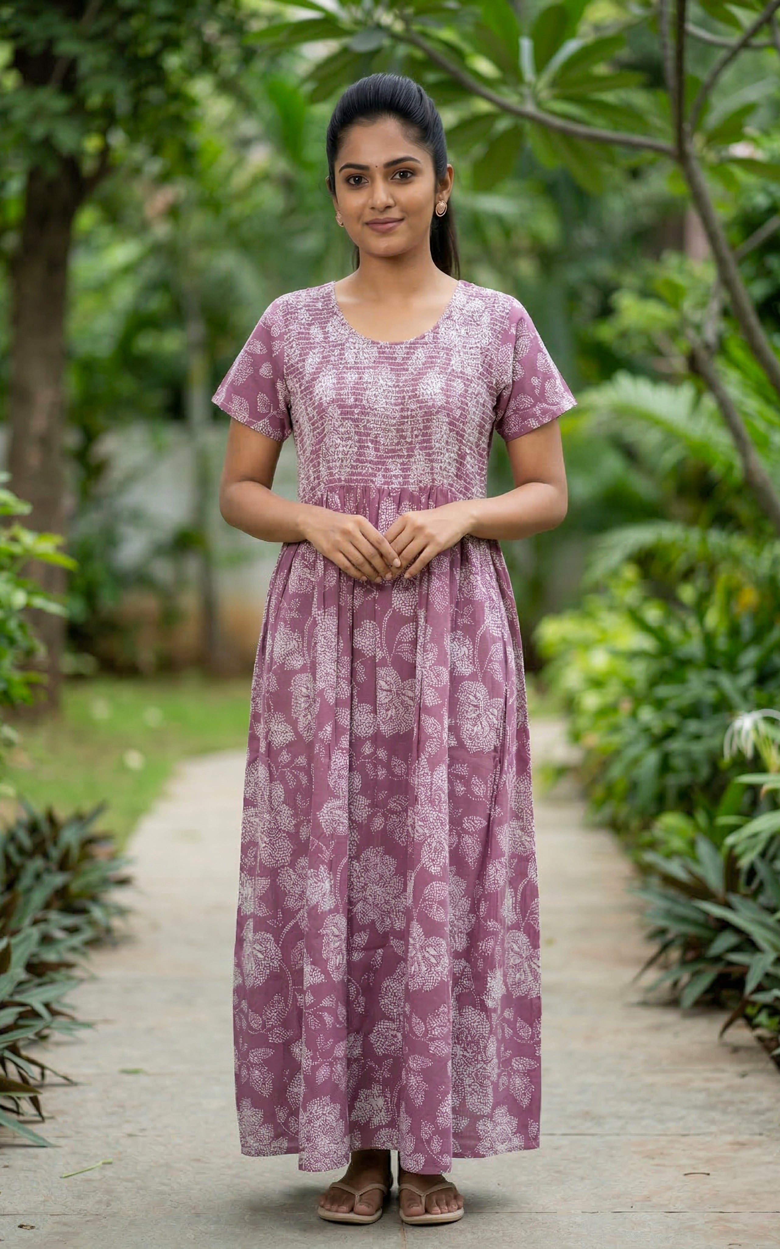 Instore – Dark Mauve Cotton Long Nighty, Smocked Body with Printed Yoke Panel, Round Neck, Relaxed Fit, Women's Sleepwear