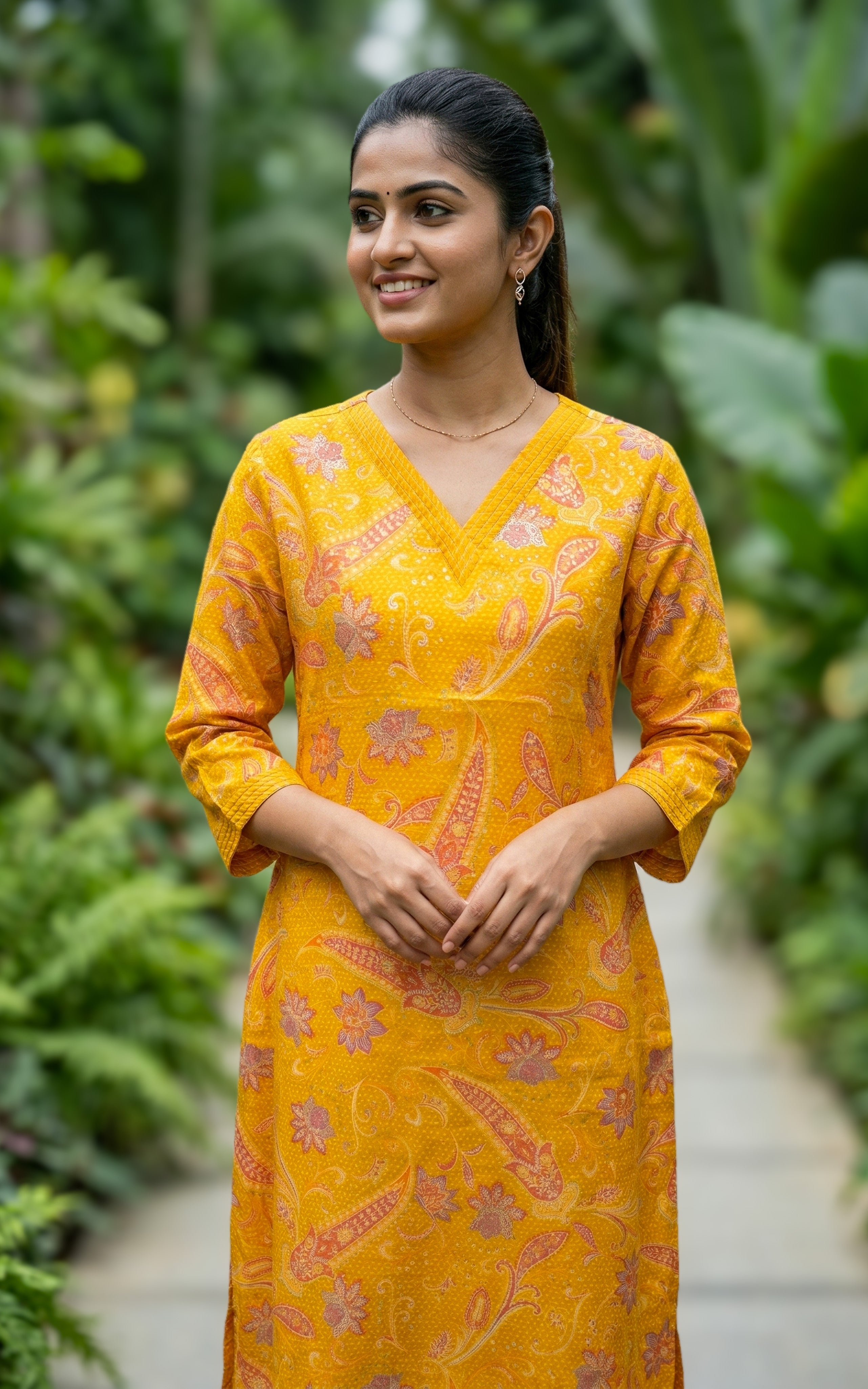 stylish mustard kurti pant set for college
trendy v-neck kurti set