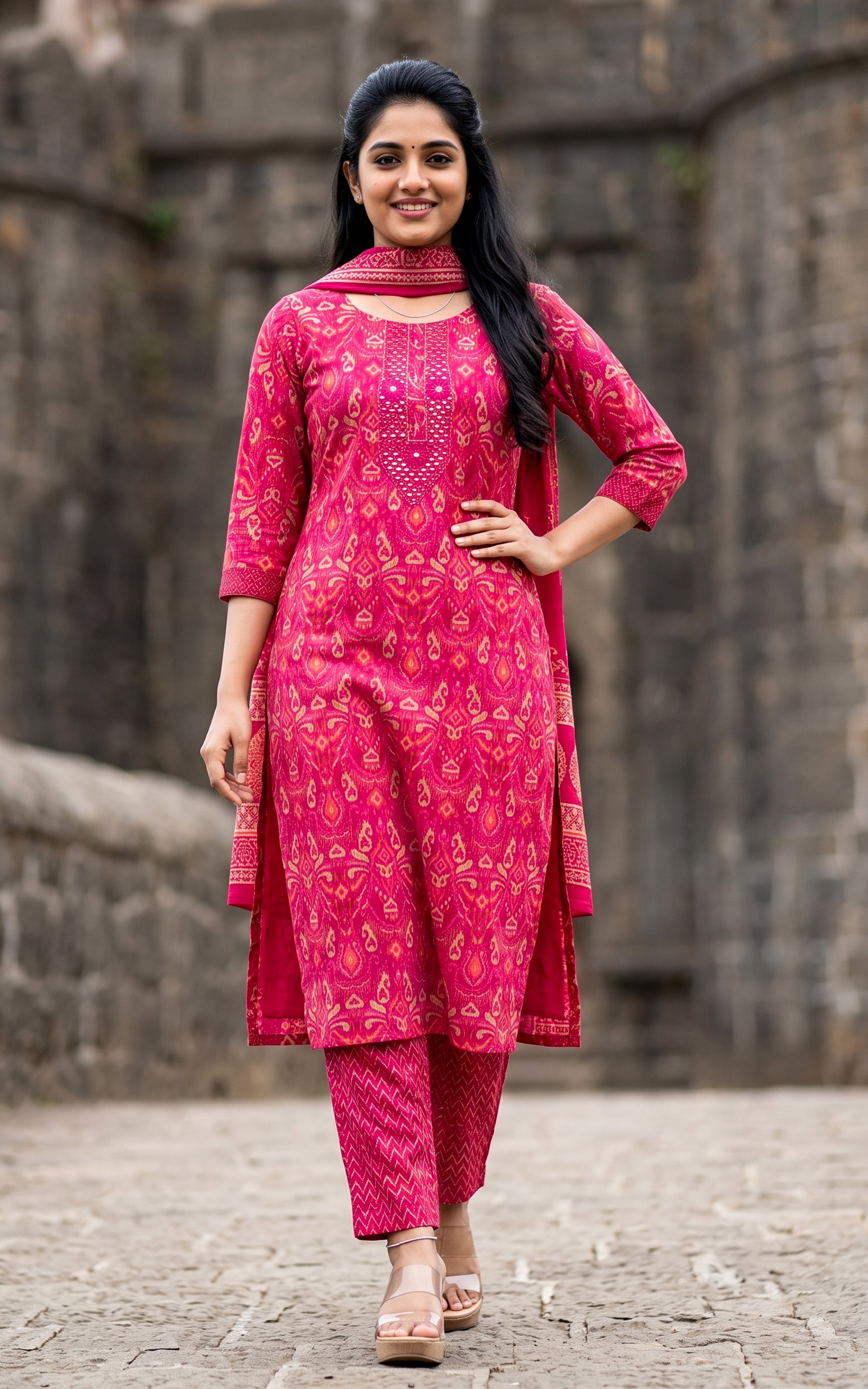 Reddish Pink Art Silk Kurti Set with Dupatta for Women