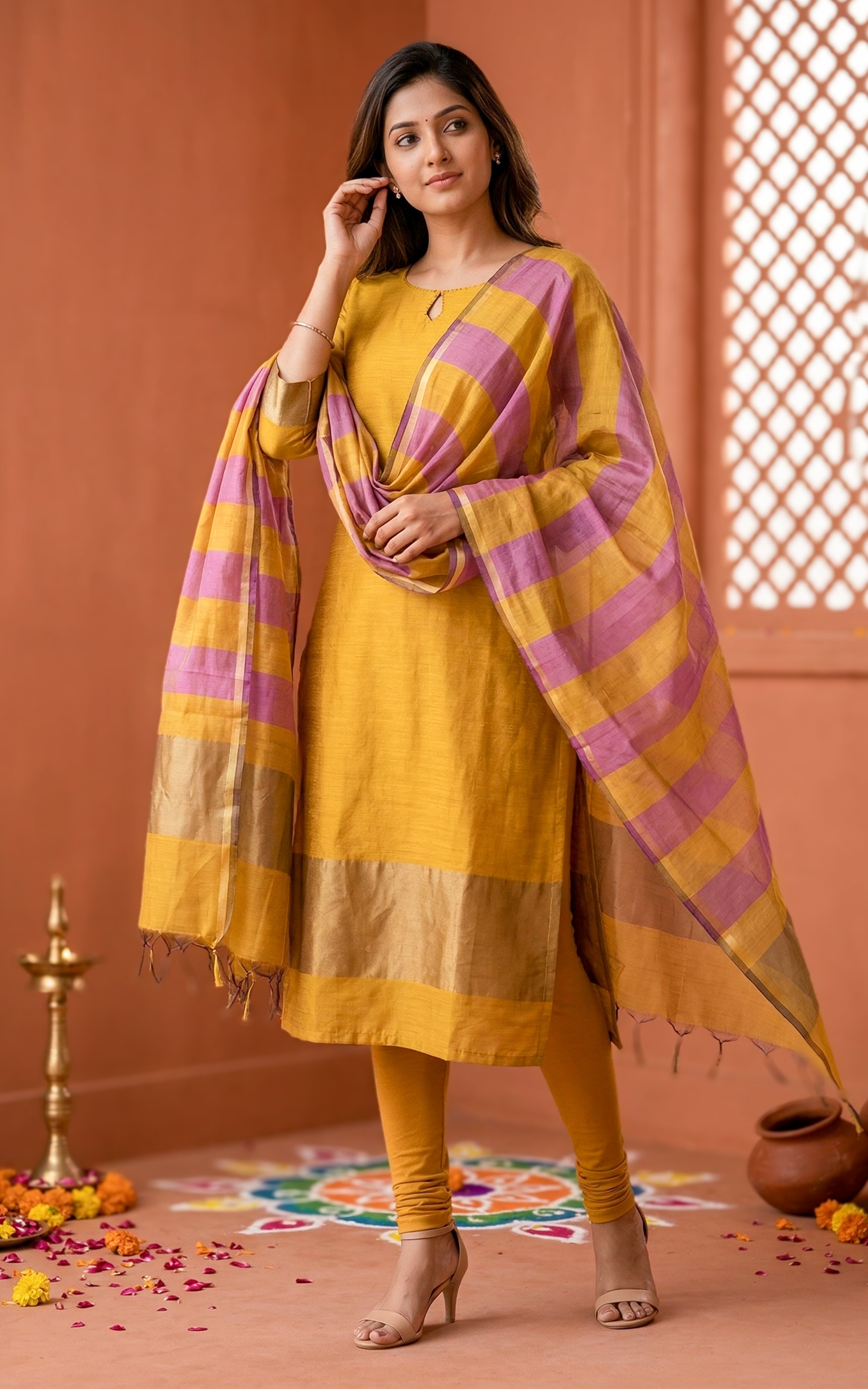 Instore – Mustard Nilavazhagi Straight Cut Kurti with Dupatta for Women – Silk Cotton – Keyhole Neck – Festive Ethnic Wear