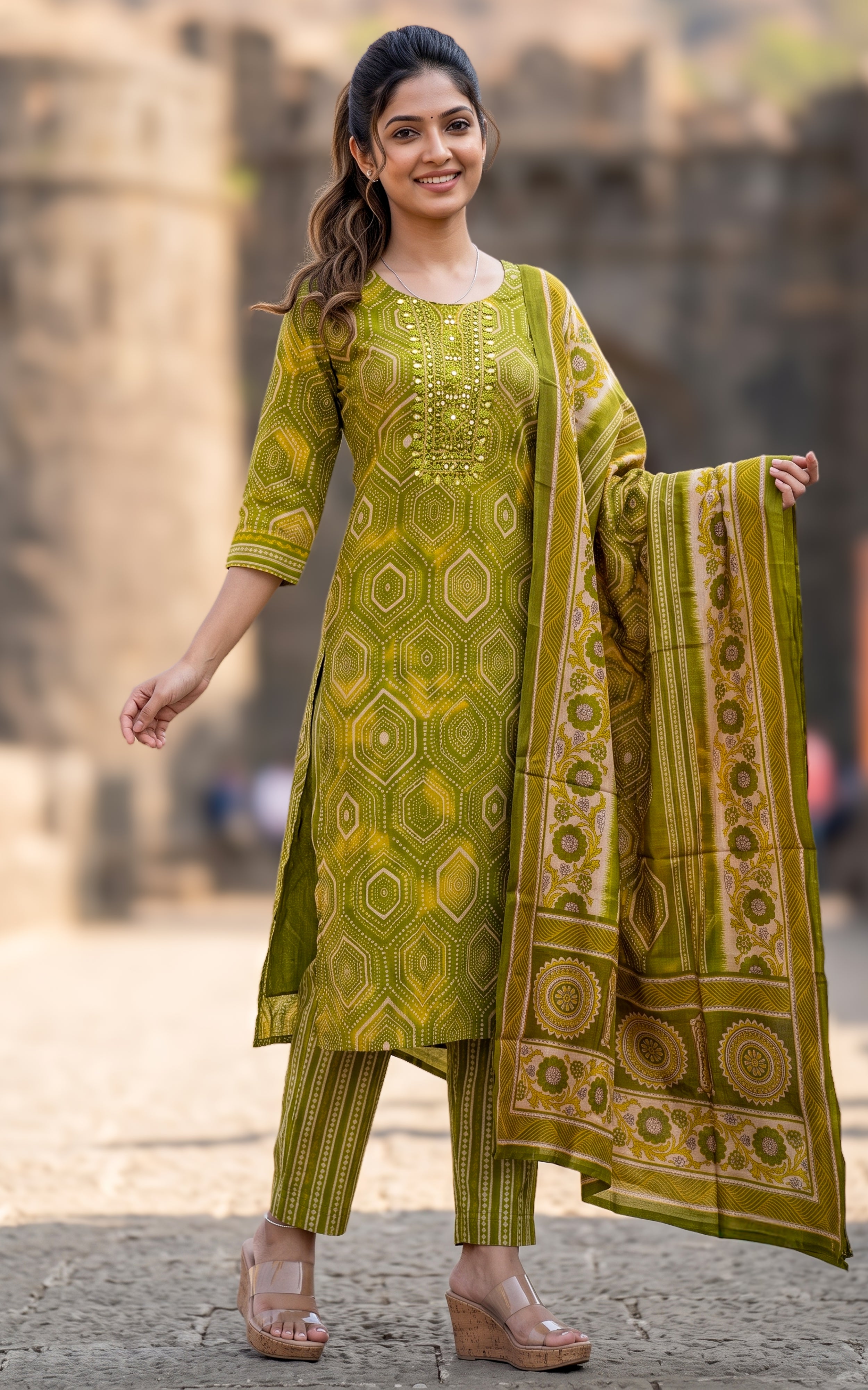 Green Art Silk Casual Wear Kurti Set with Dupatta for Women
