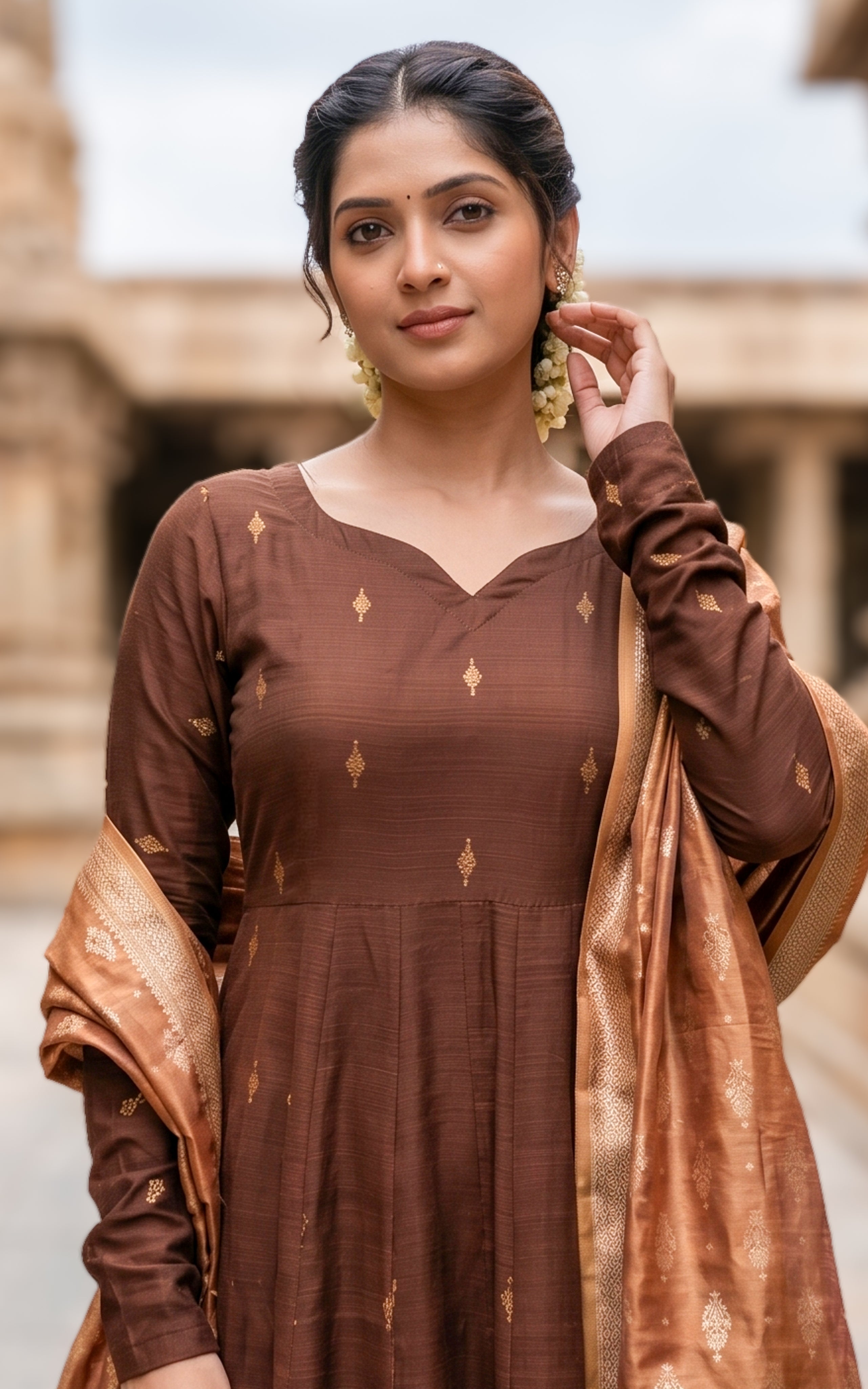 Instore – Brown Yaazhi Anarkali Kurti with Dupatta for Women – Silk Cotton – Golden Butta Work – Festive Ethnic Wear