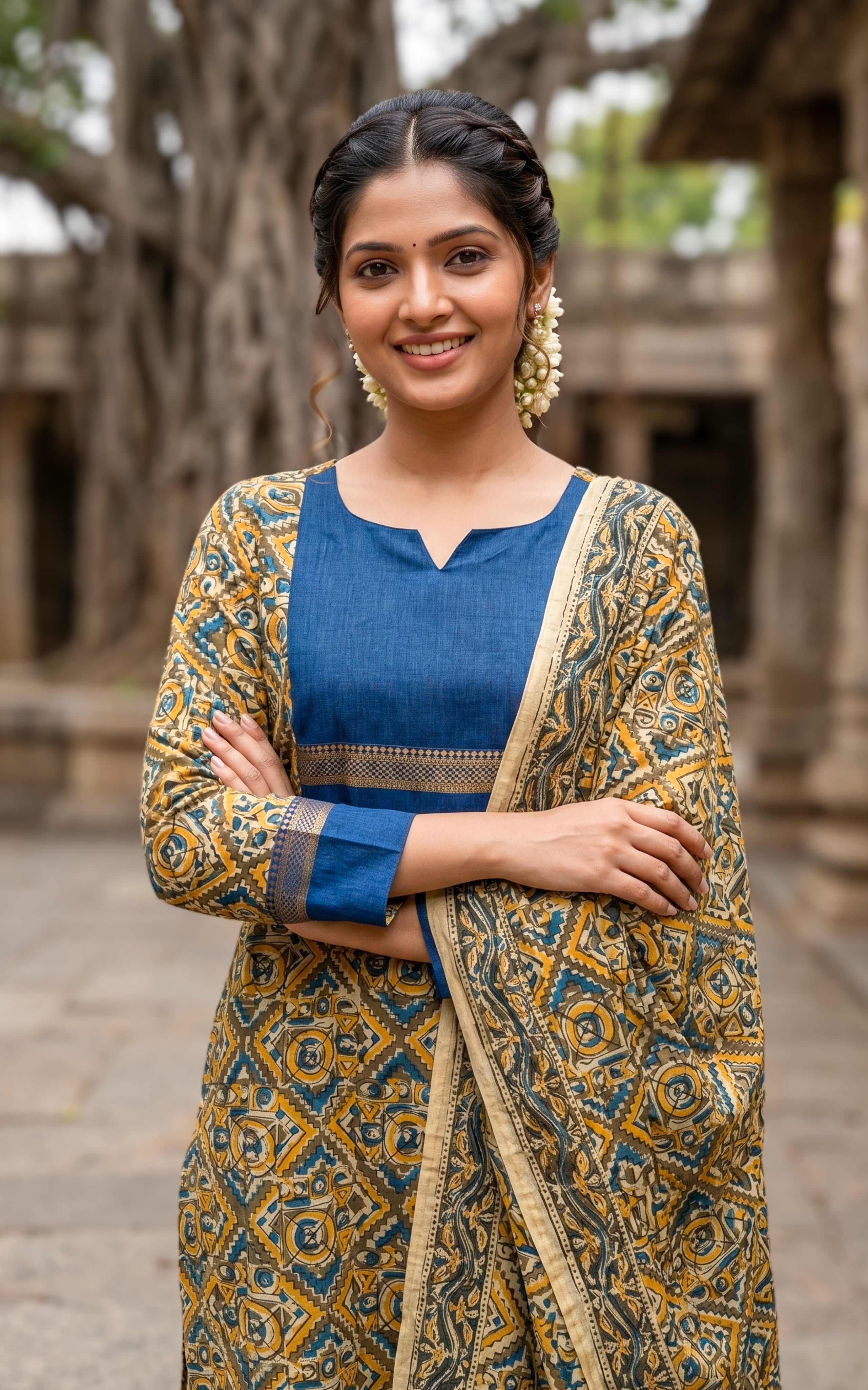 Instore-Avanitha A (Kurti+Dupatta)-Kalamkari Cotton -Mustard color- 3/4th Sleeve Kurti- Daily vogue-Summer outfit - Summer collection - women kurti- 