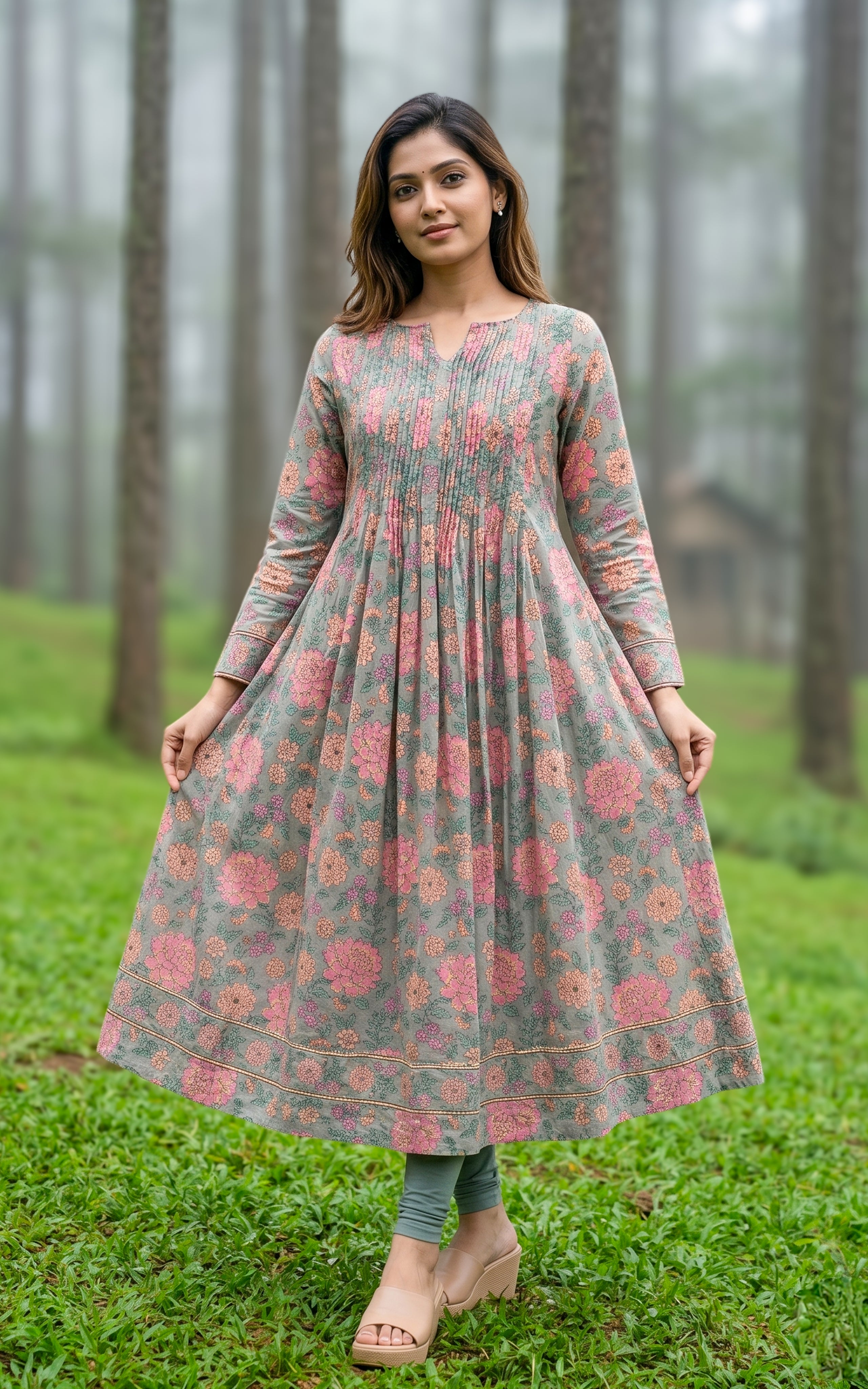 Grey casual wear cotton Anarkali kurti for women