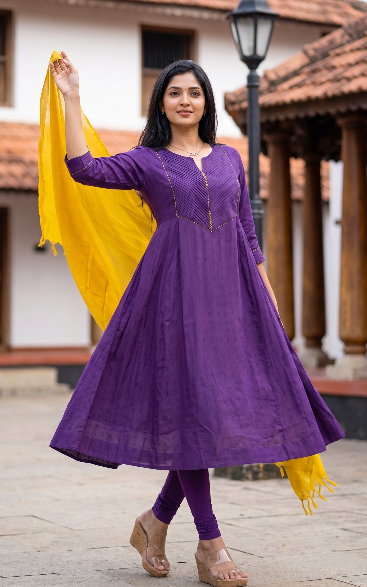 Violet and Mustard Yellow Art Silk Casual Wear Kurti Dupatta for Women