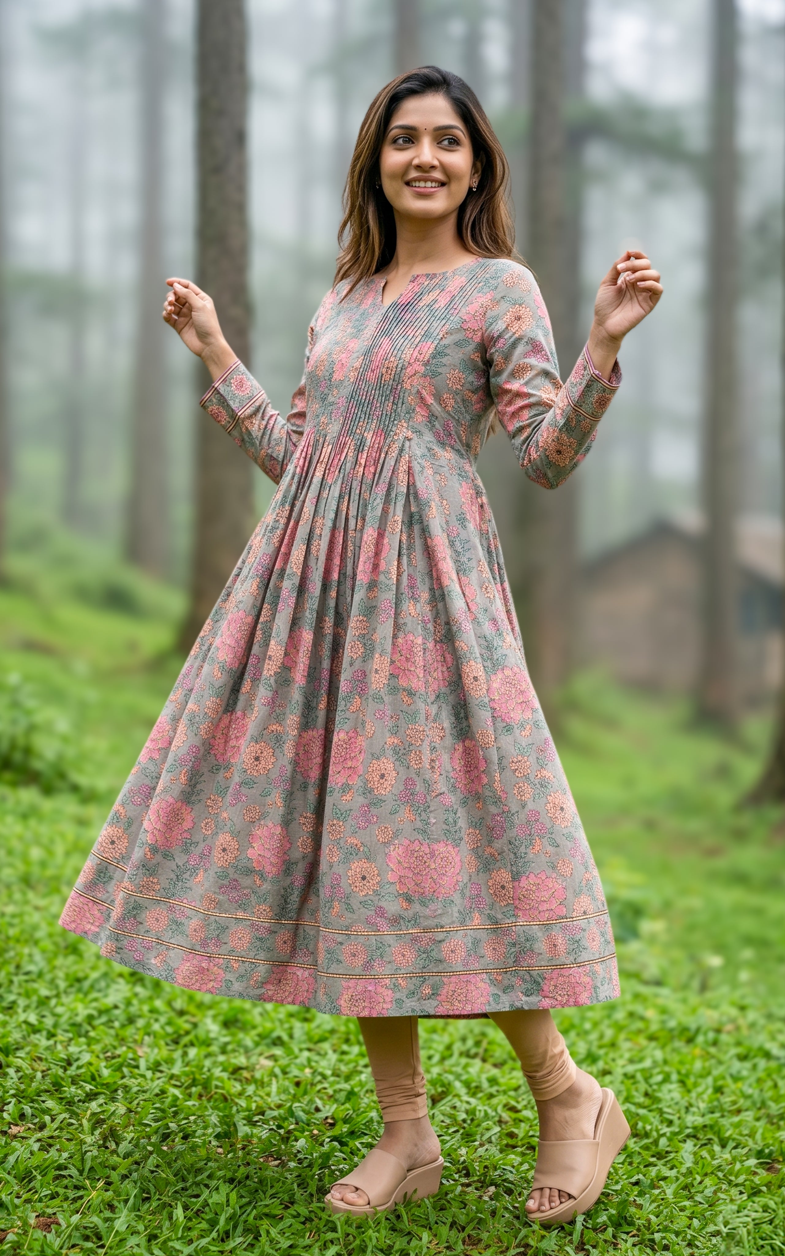 Grey cotton flared long kurti for women