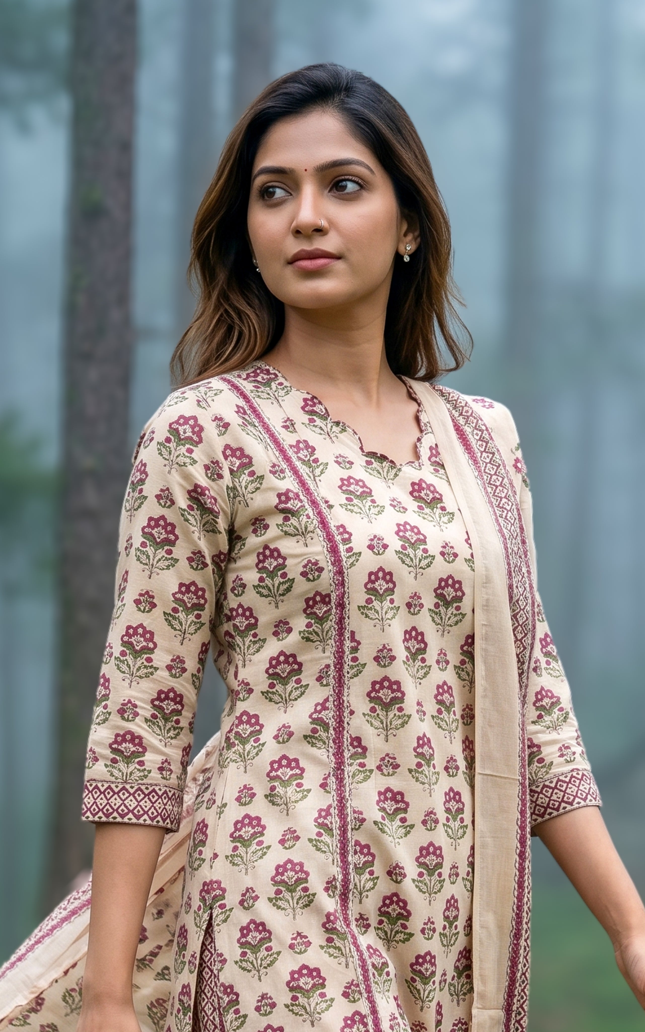 Instore - Beige Printed Cotton Straight Cut Kurti with Side Slit, Straight Pant with Side Pocket & Cotton Dupatta, No Lining