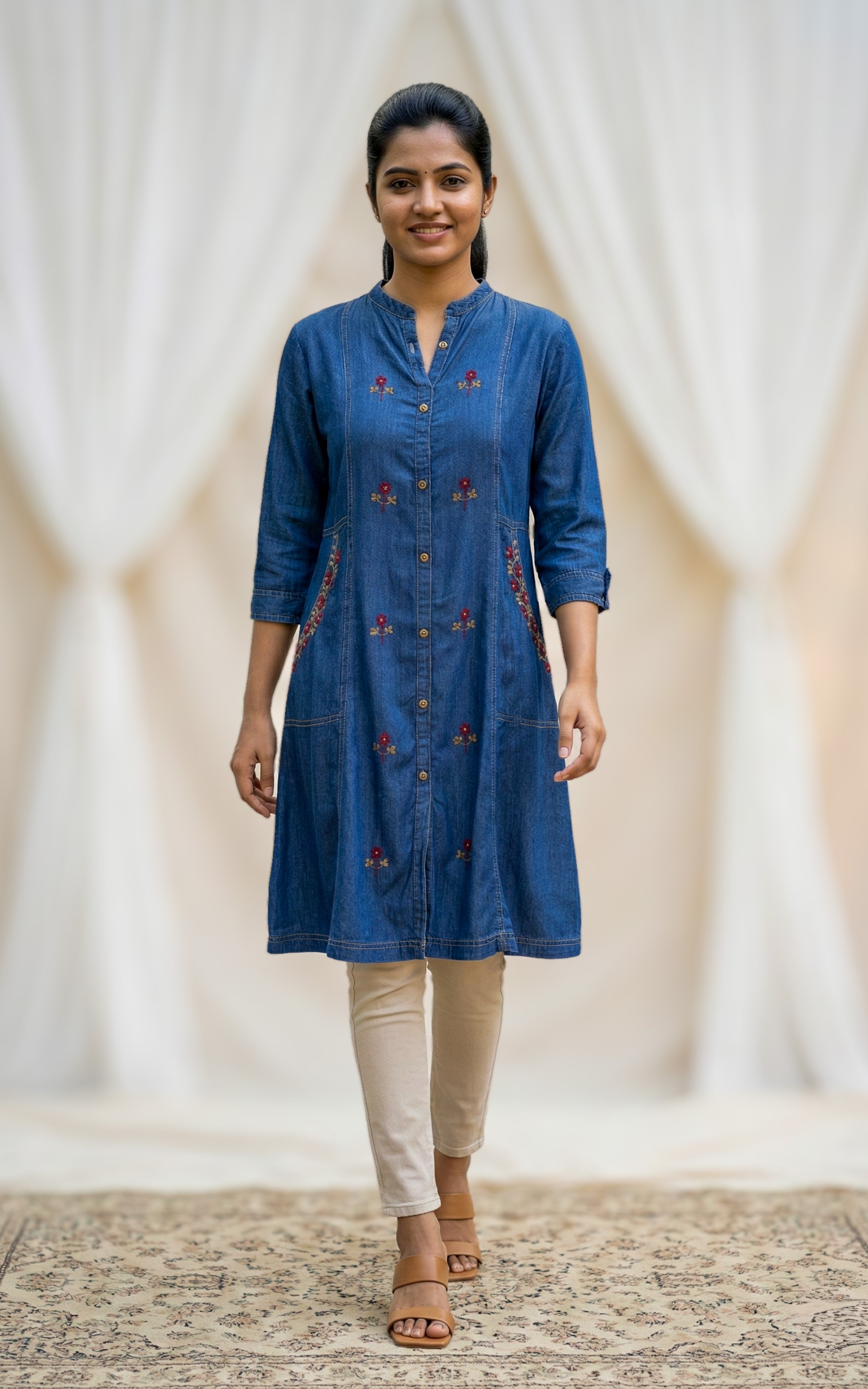 denim kurti daily wear
comfortable aline denim kurti
casual front slit kurti with embroidery
soft denim kurti with pocket for everyday wear