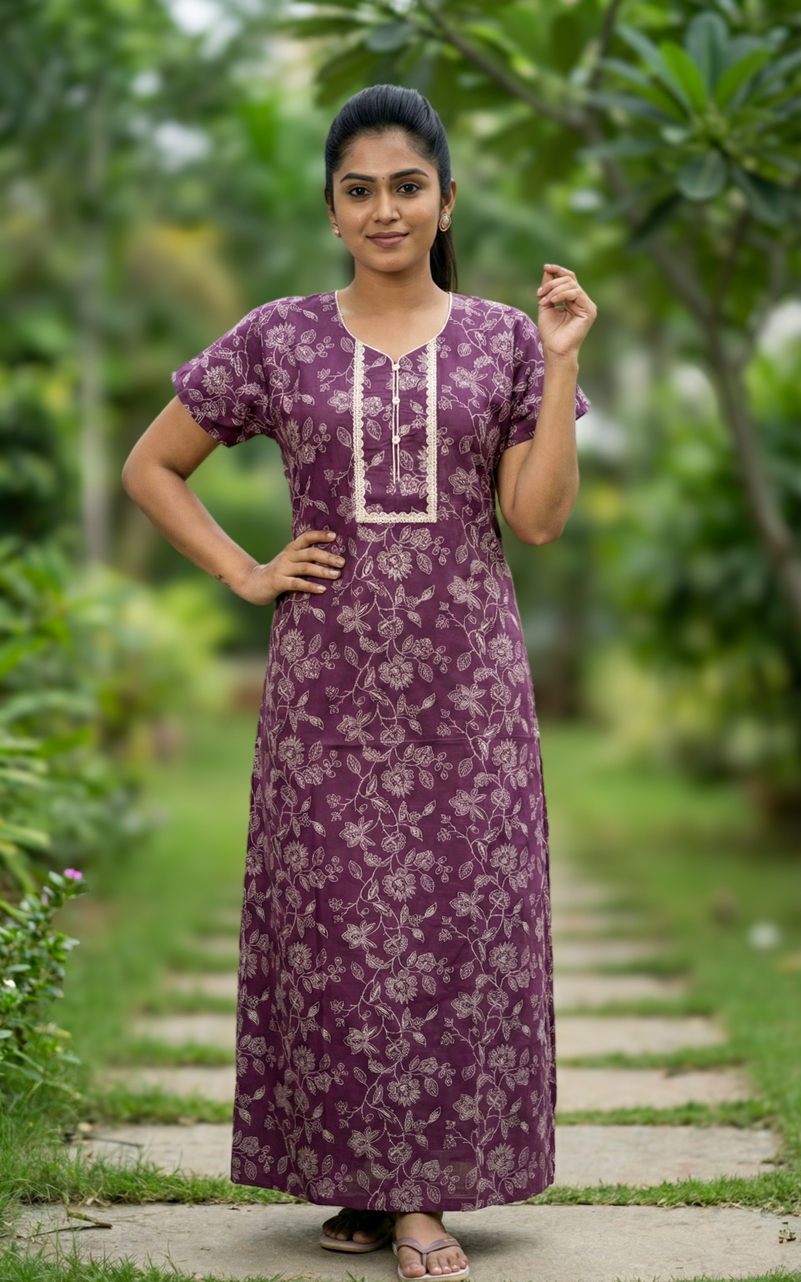 Instore – Purple Cotton Long Nighty, All-Over Floral Print, Round Neck with Lace Detailing & Front Button Closure, Straight Fit, Women's Sleepwear