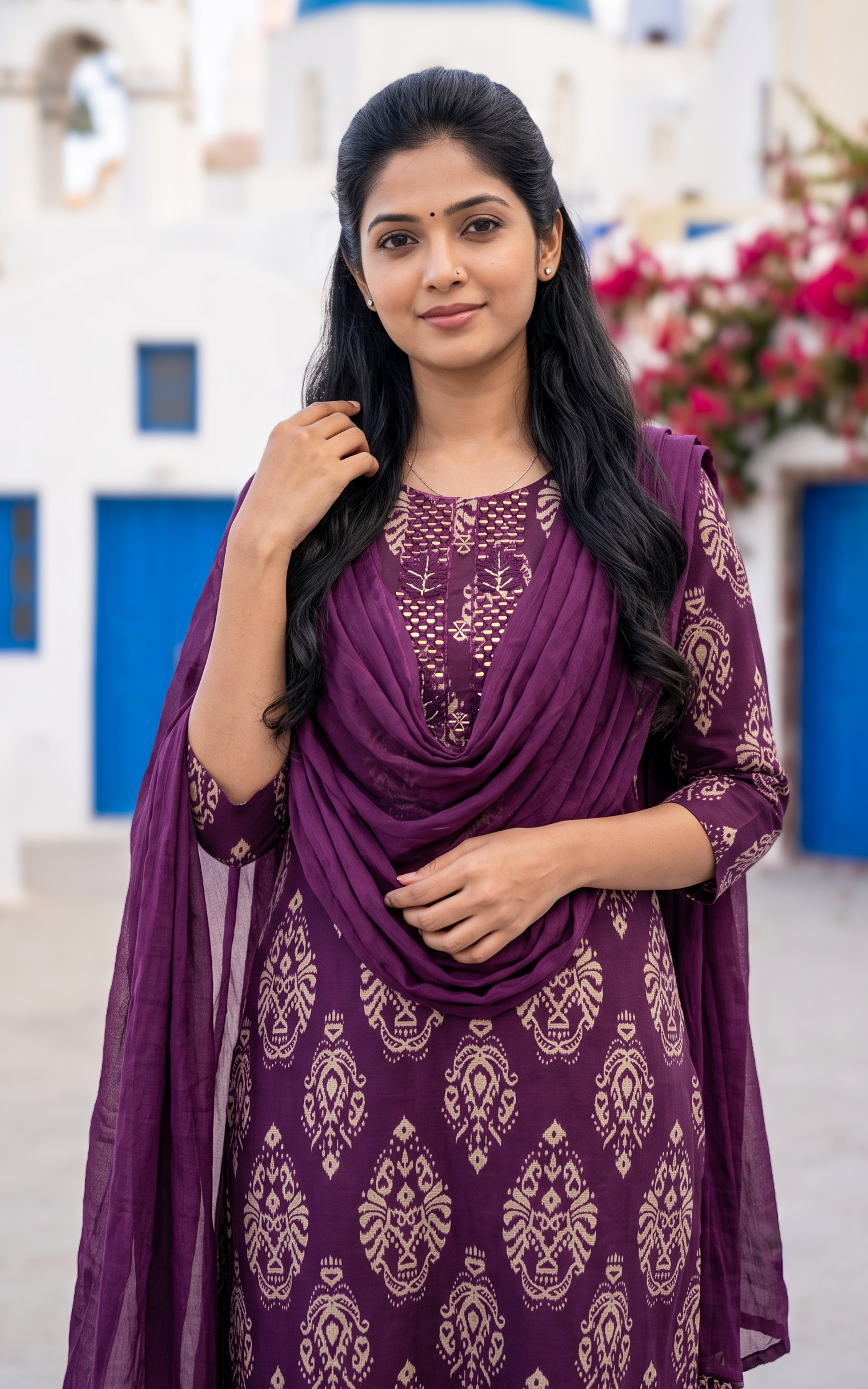 Plum Art Silk Daily Wear Kurti Set with Dupatta for Women