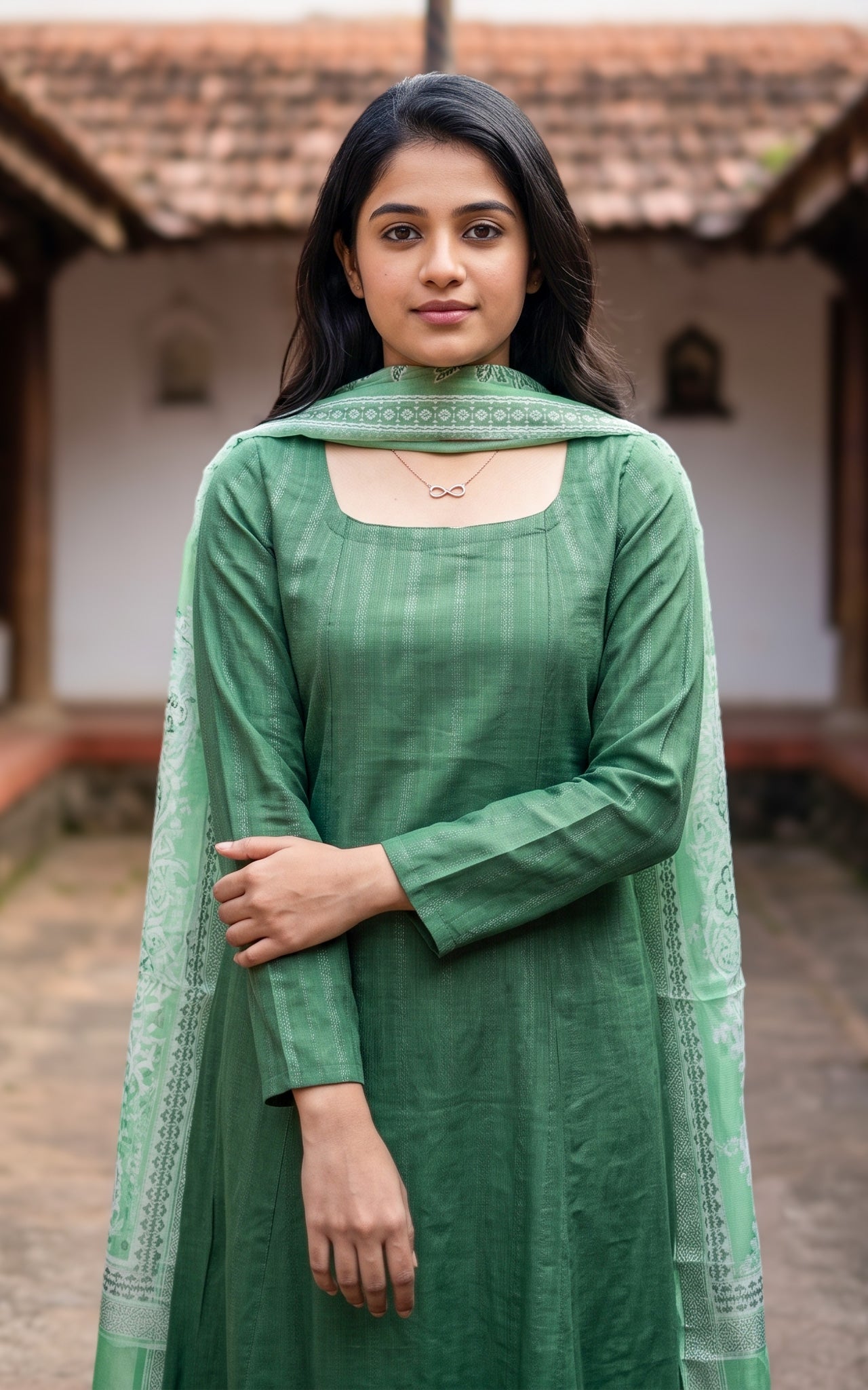 Green Cotton Elegant Anarkali Kurti Dupatta for Women