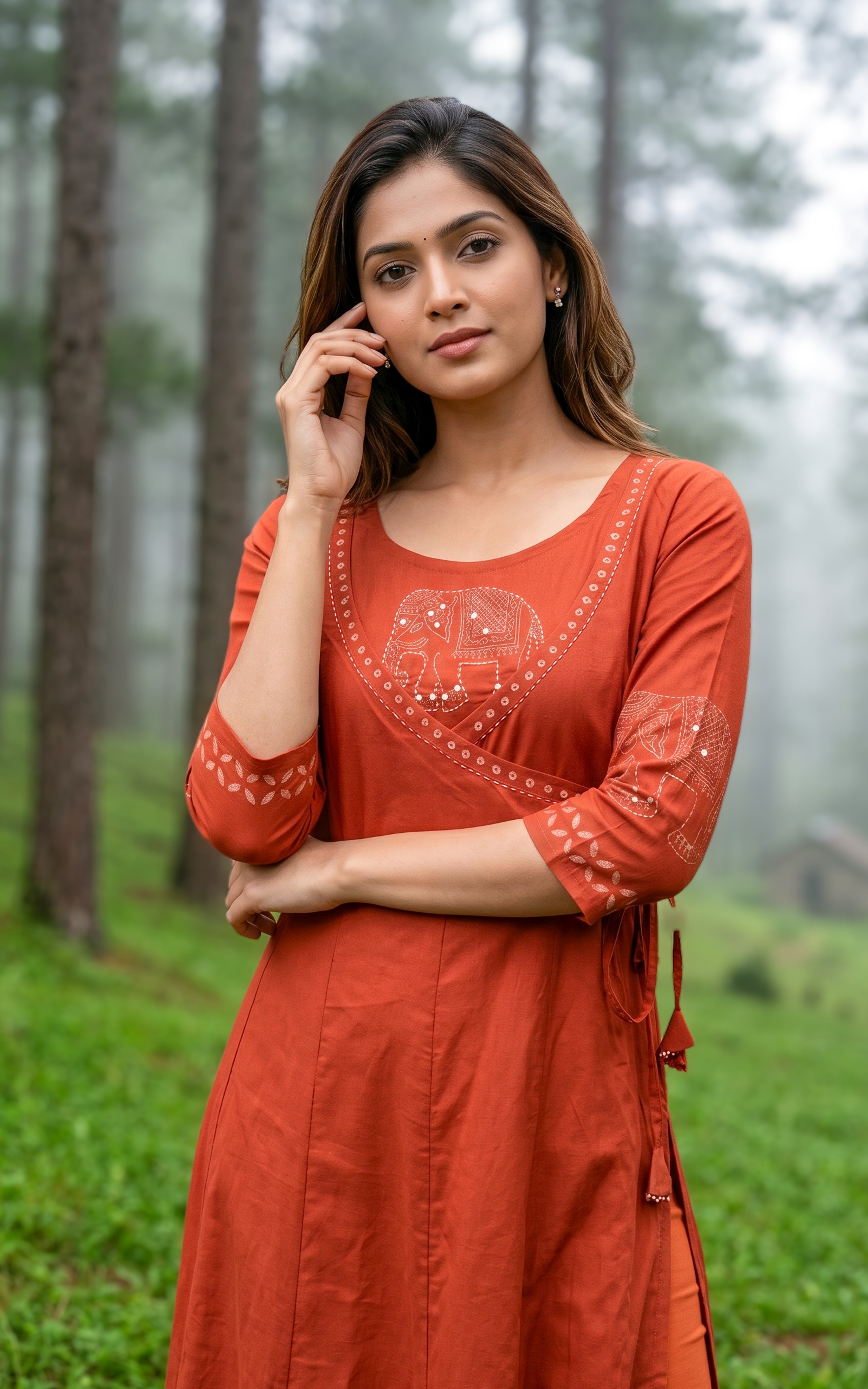 Rust Angrakha style Aline kurti for women