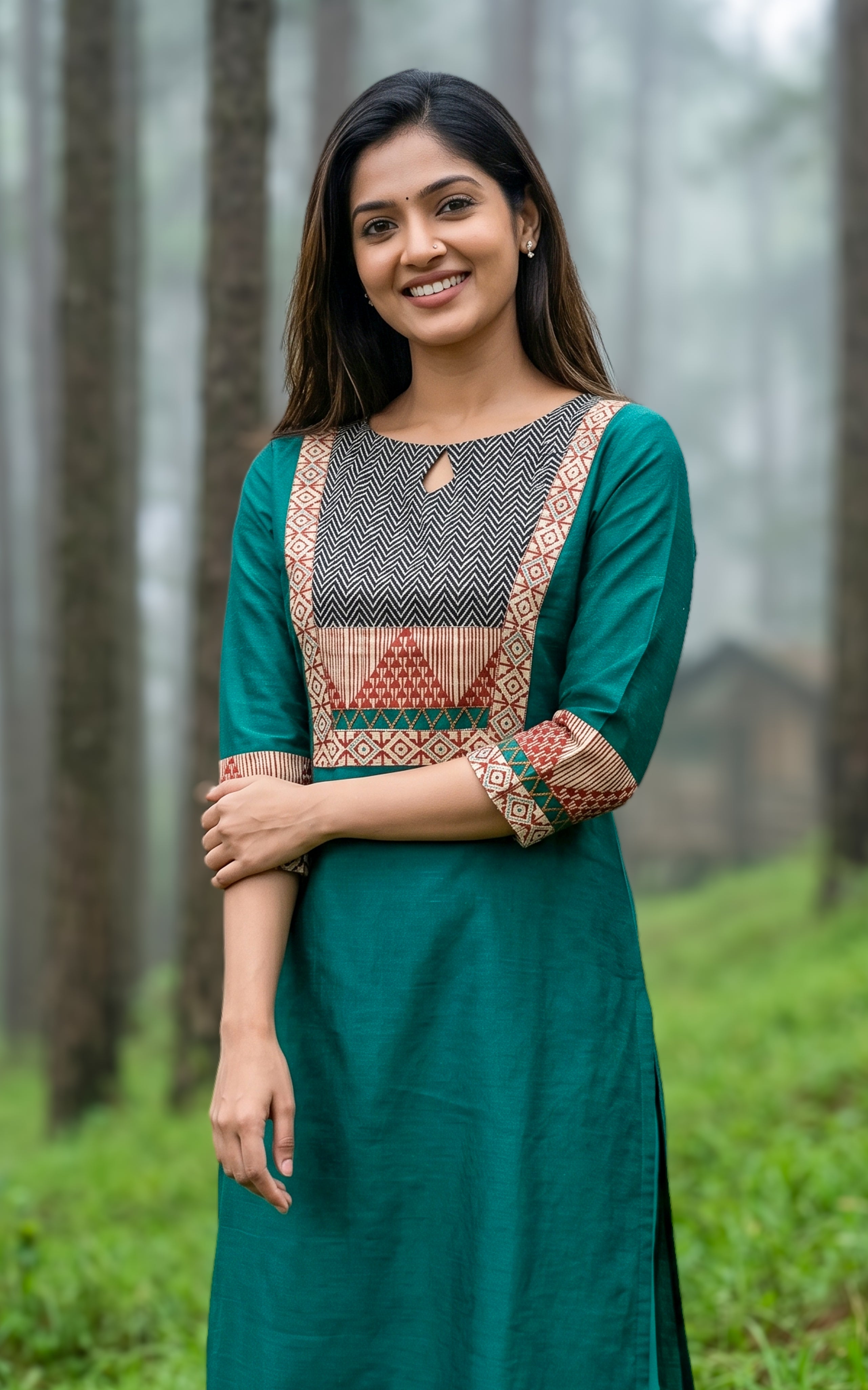 Green cotton straight cut long kurti for women