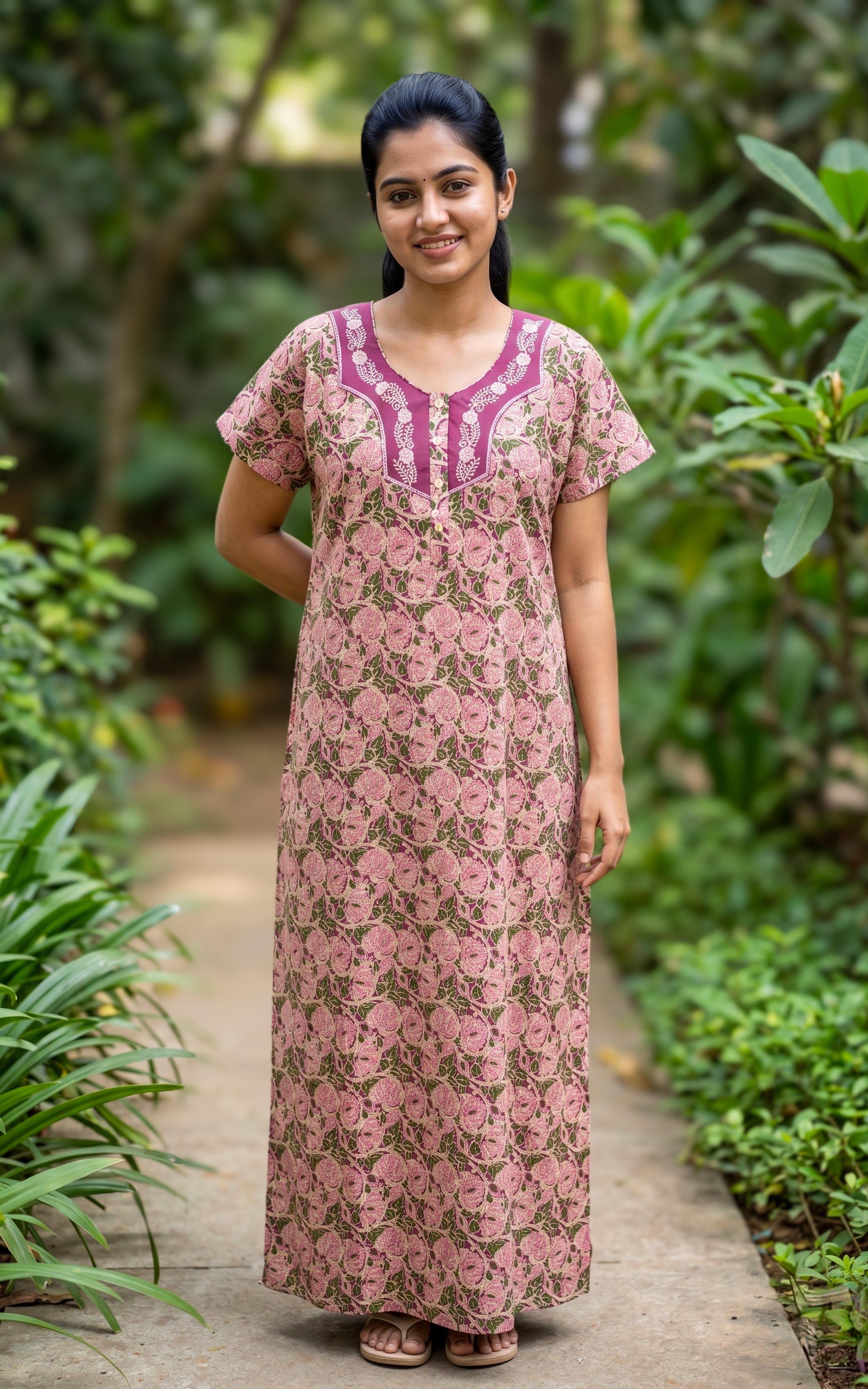 Instore - Multicolor Floral Print Cotton Long Nighty with Side Pocket, Relaxed Fit, Women's Sleepwear