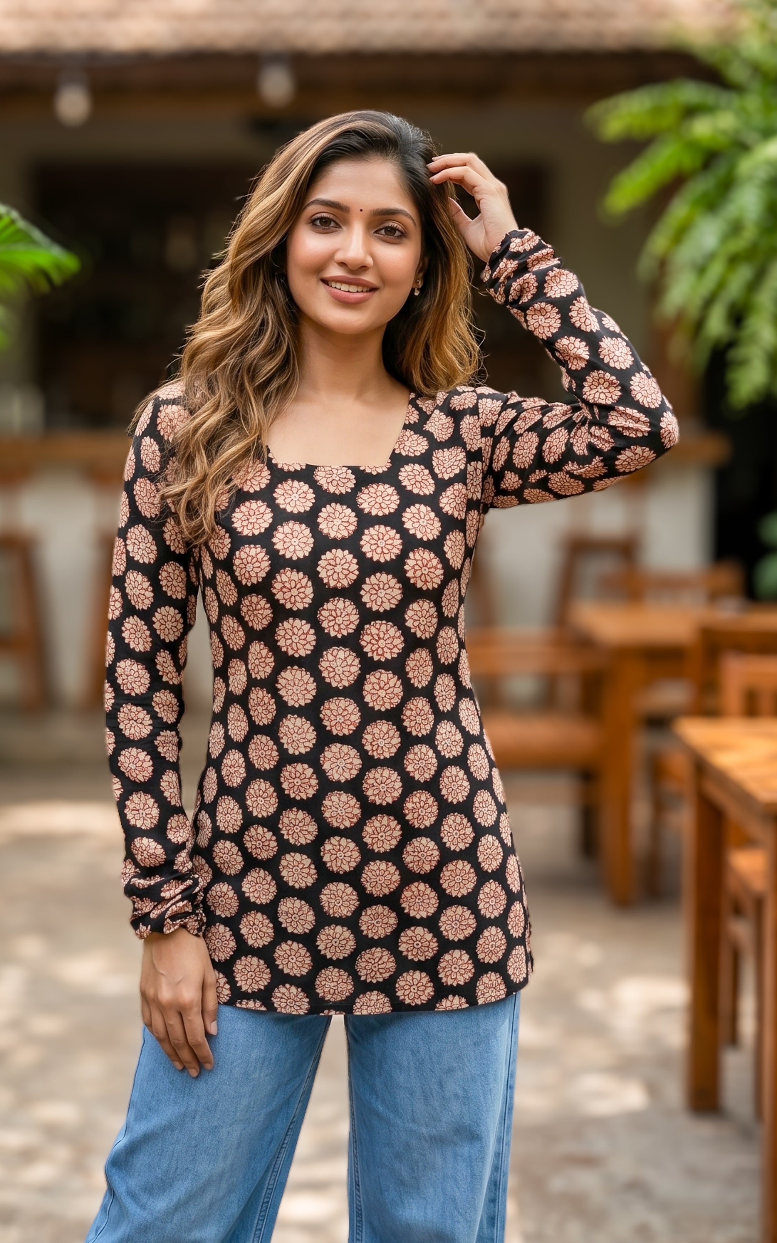  Instore – Handblock Printed Cotton Short Straight Cut Kurti for Women – Gathered Sleeves – Ethnic Wear