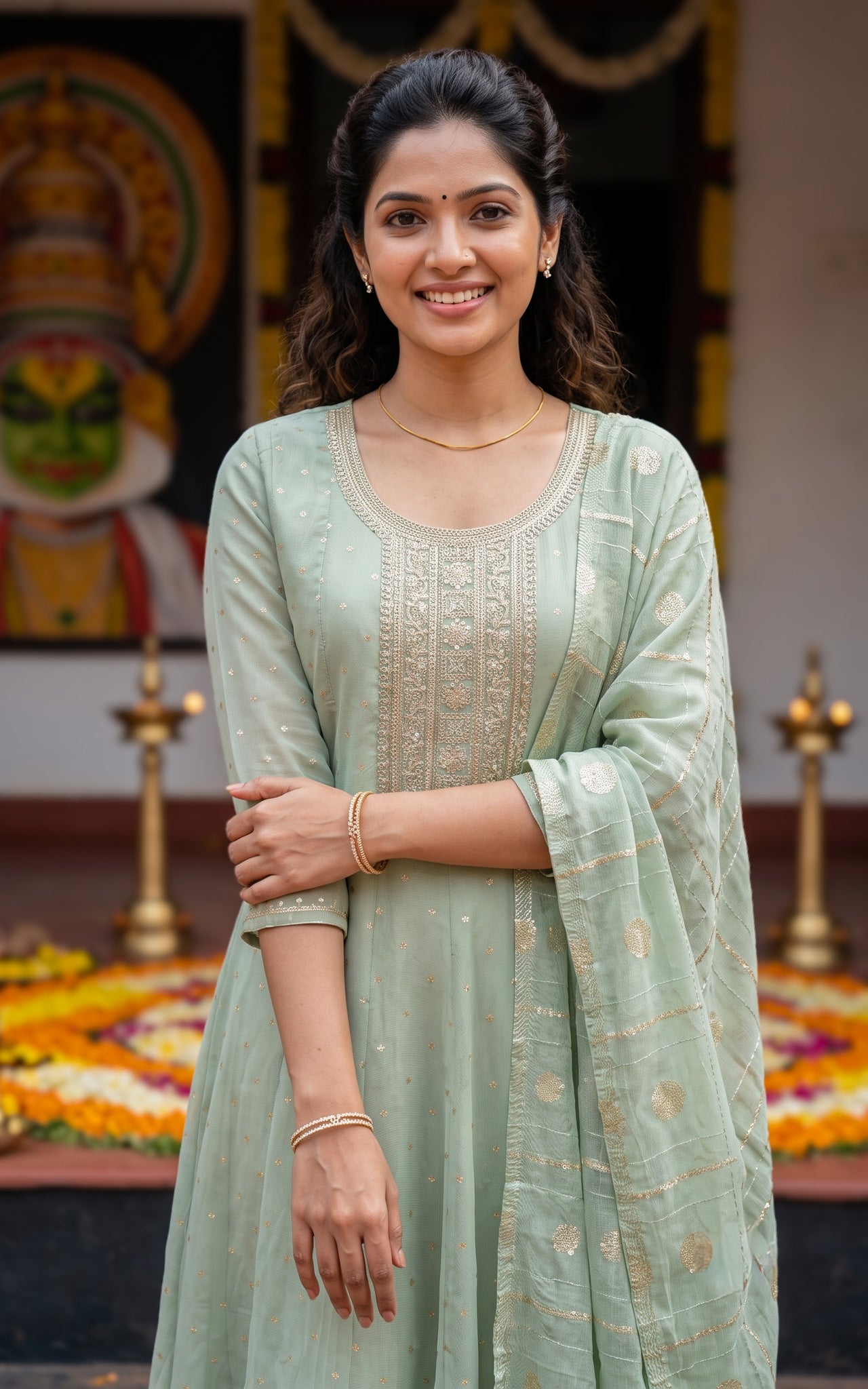 Green Chanderi Traditional Onam Kurti Set for Women