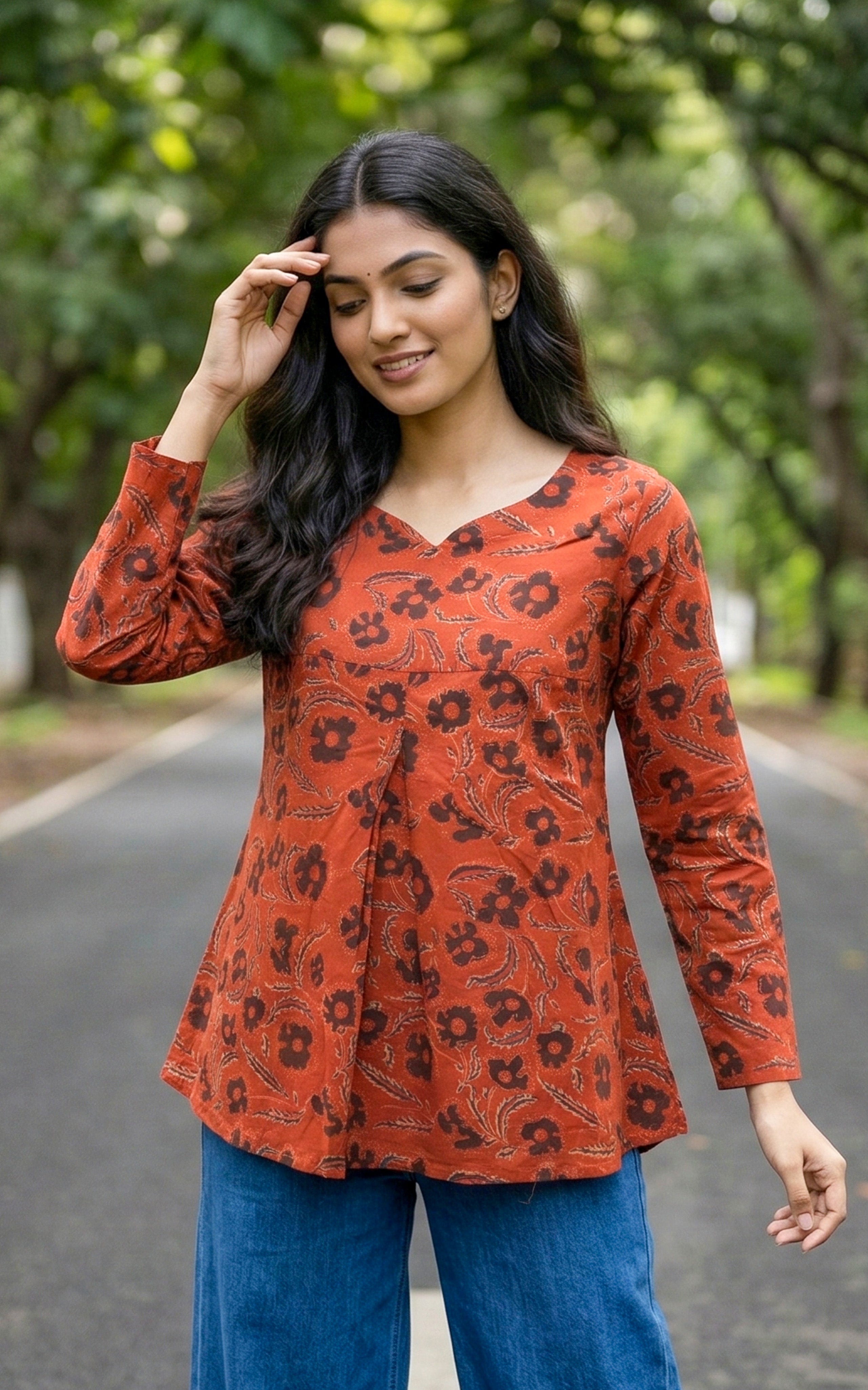 Maroon Hand Block Printed Cotton Top for Women
Flared A-line Maroon Top for Women