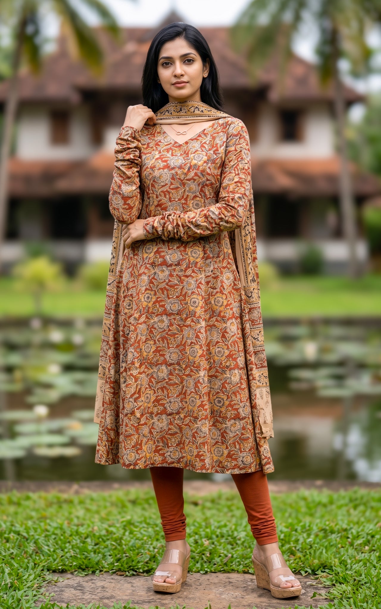 Rust Kalamkari Cotton Anarkali Kurti Dupatta for Women
