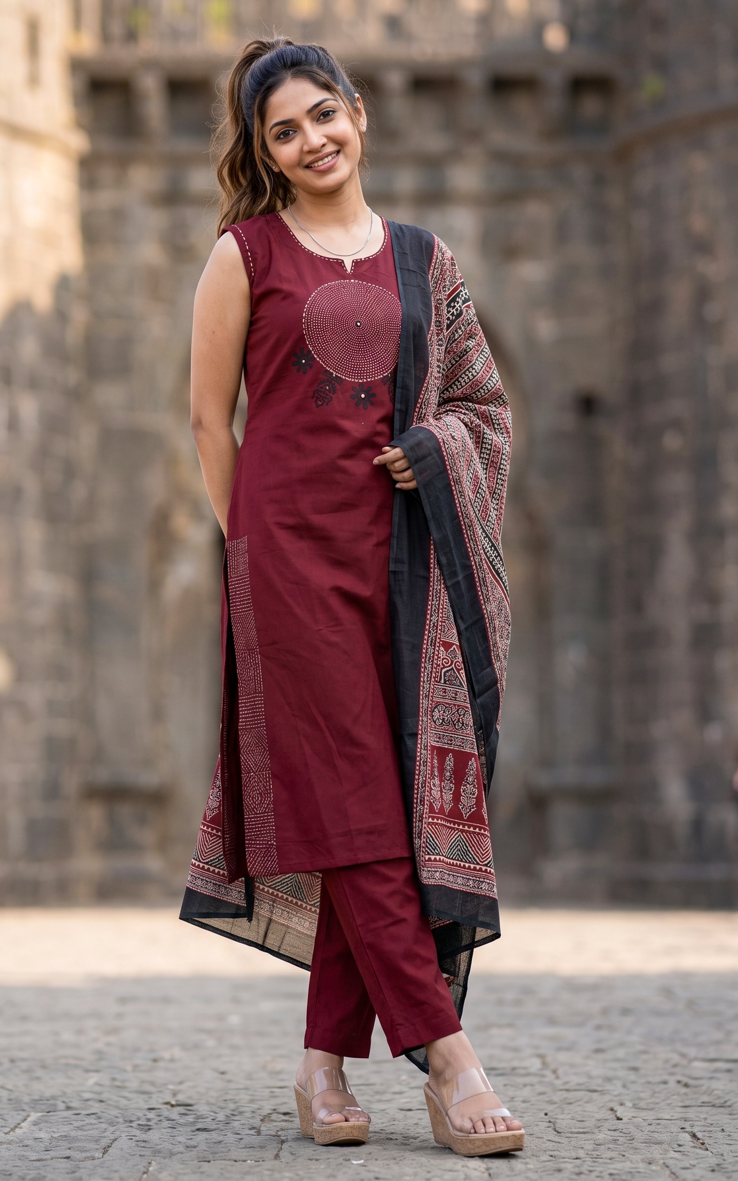 Maroon Cotton Daily Wear Kurti Set for Women