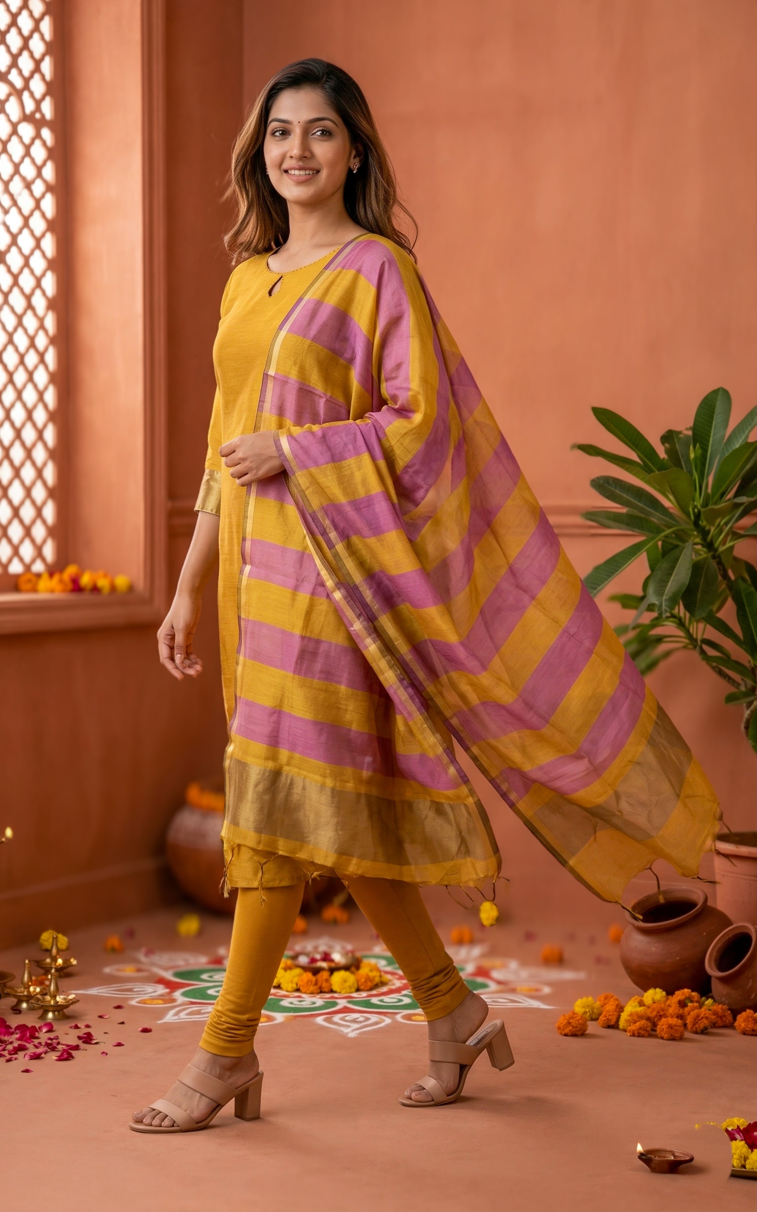 Instore – Mustard Nilavazhagi Straight Cut Kurti with Dupatta for Women – Silk Cotton – Keyhole Neck – Festive Ethnic Wear