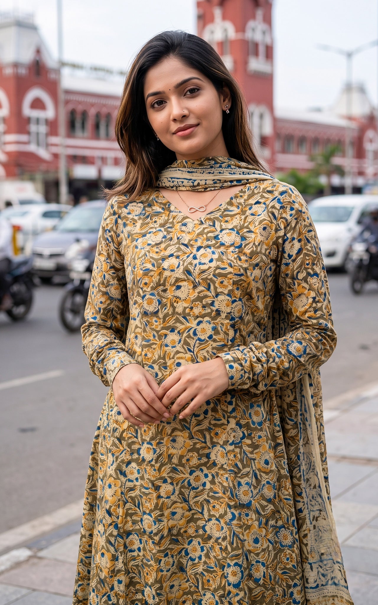 Mehandi Green Kalamkari Cotton Anarkali Kurti Dupatta for Women