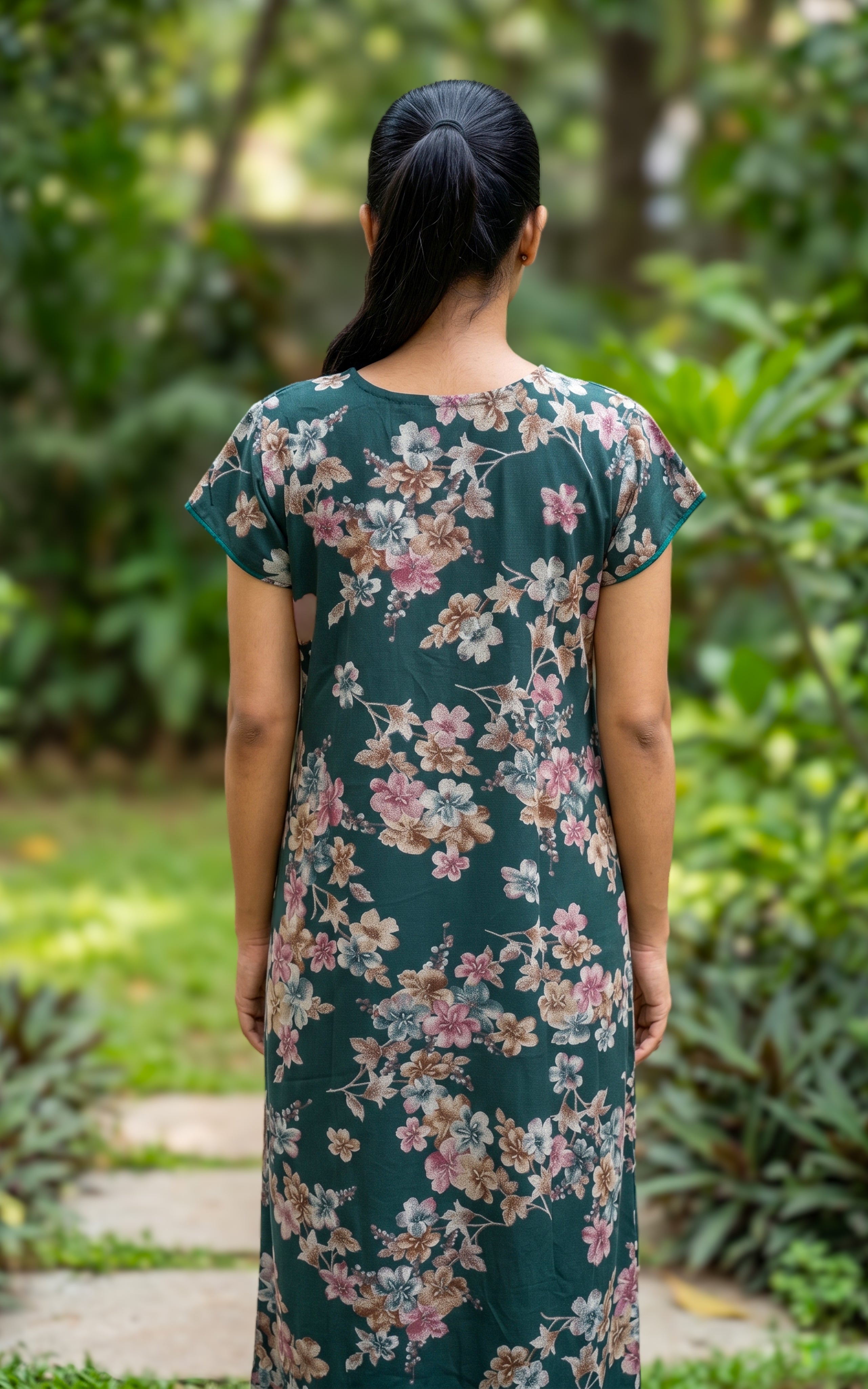 Instore - Green Floral Print Cotton Long Nighty with Side Pocket, Relaxed Fit, Women's Sleepwear
