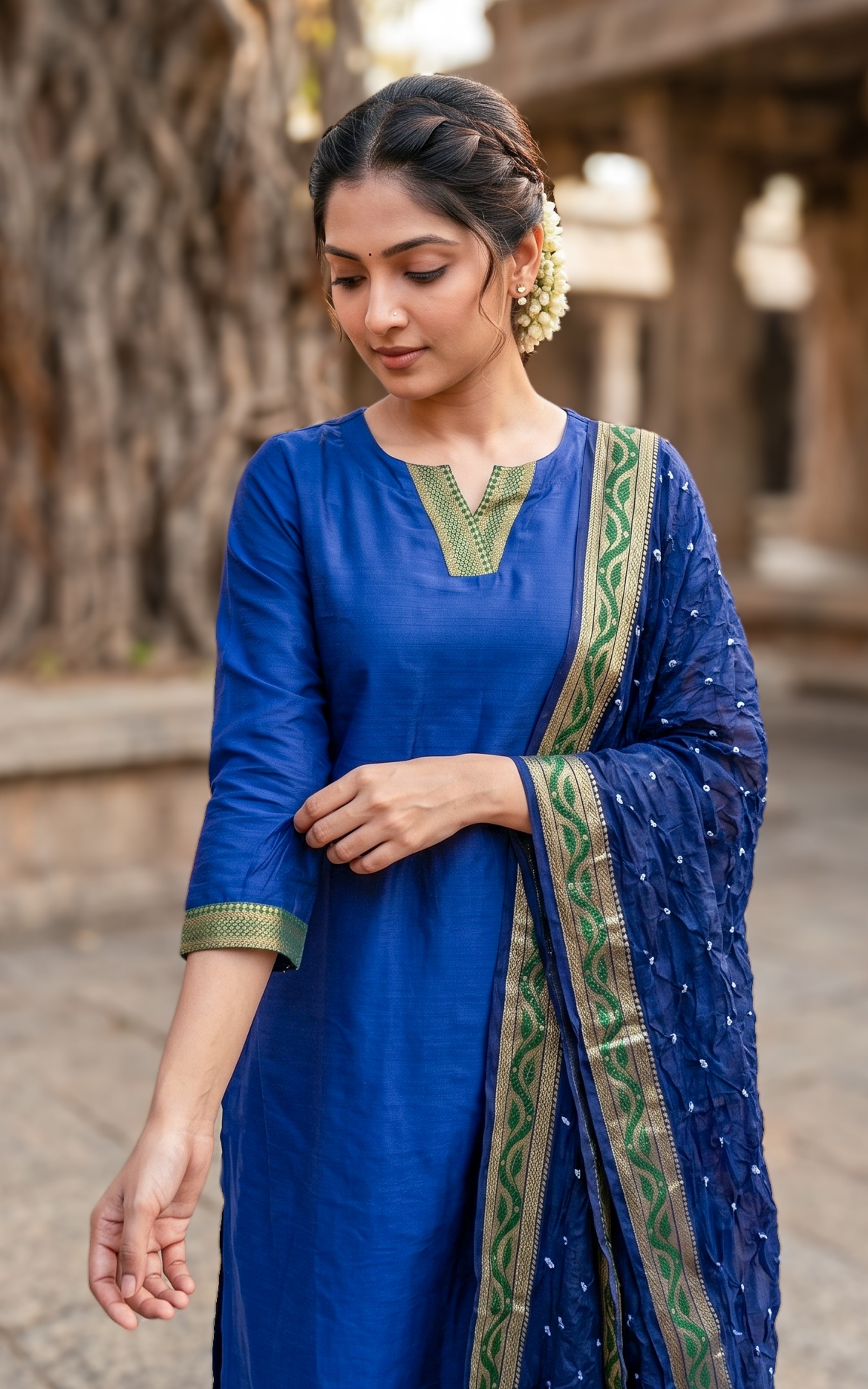 Traditional silk cotton kurti with dupatta for women