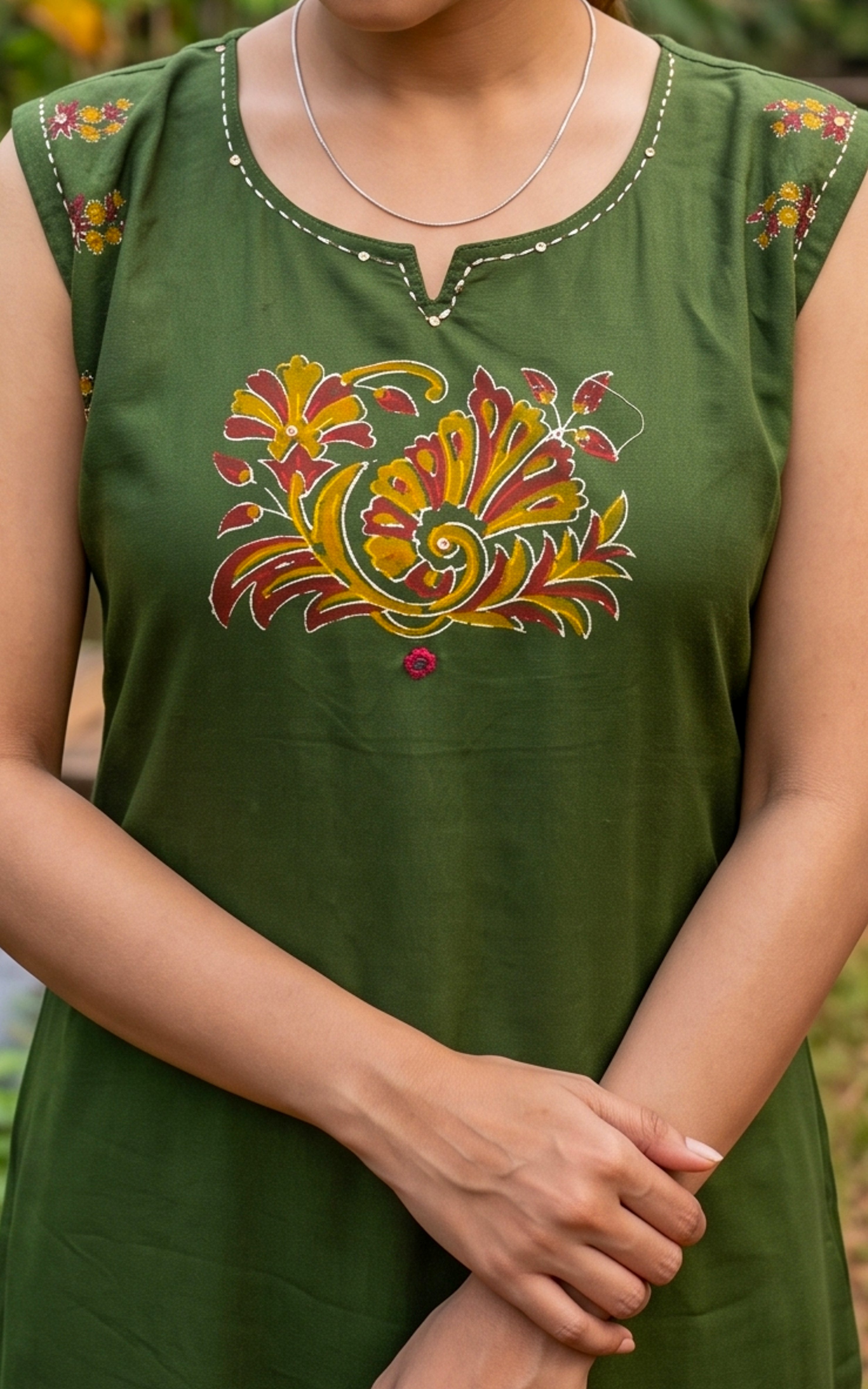 Mehandi Green Cotton Ethnic Wear Kurti Set for Women