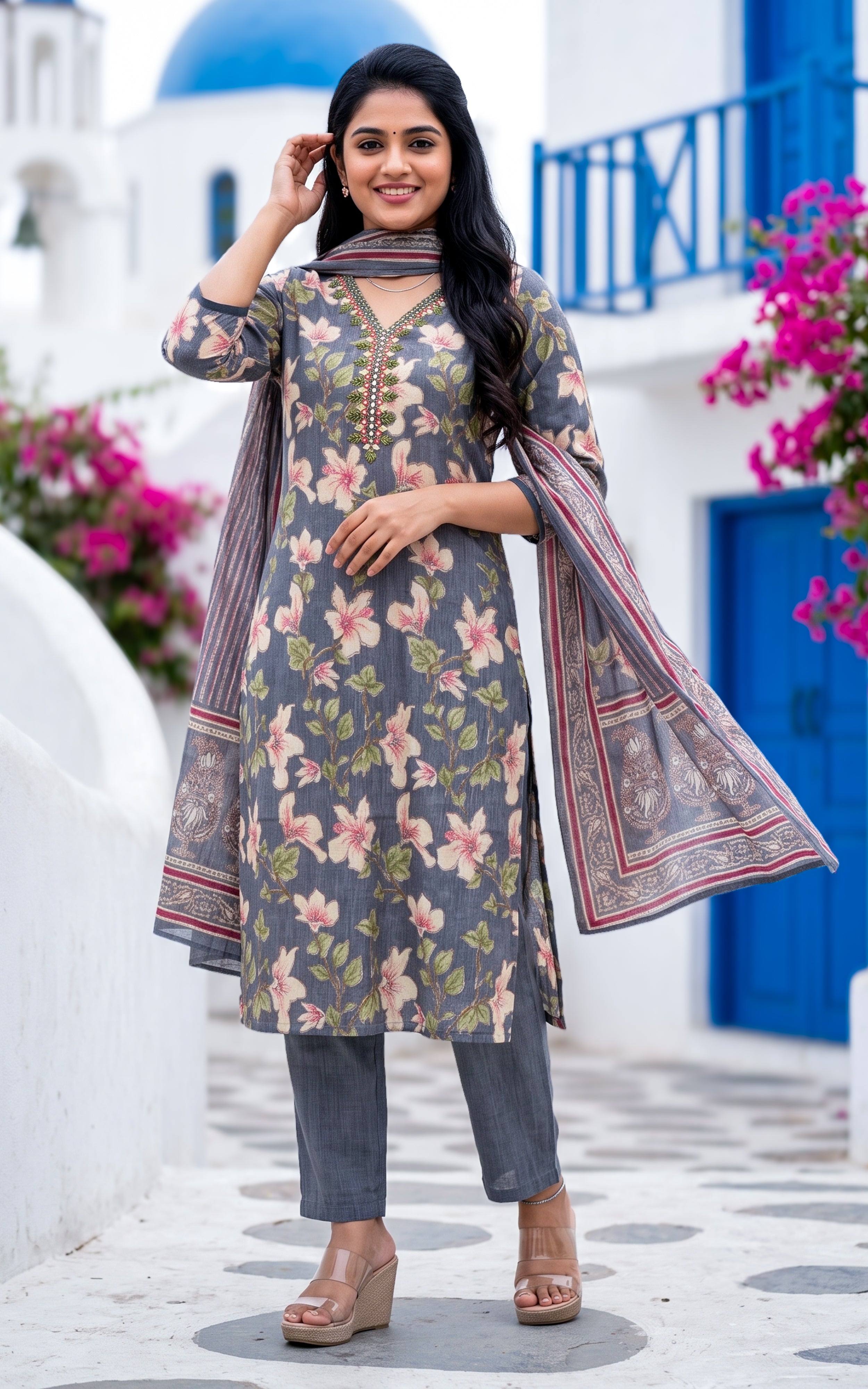 Grey Blended Rayon Daily Wear Kurti Set with Dupatta for Women