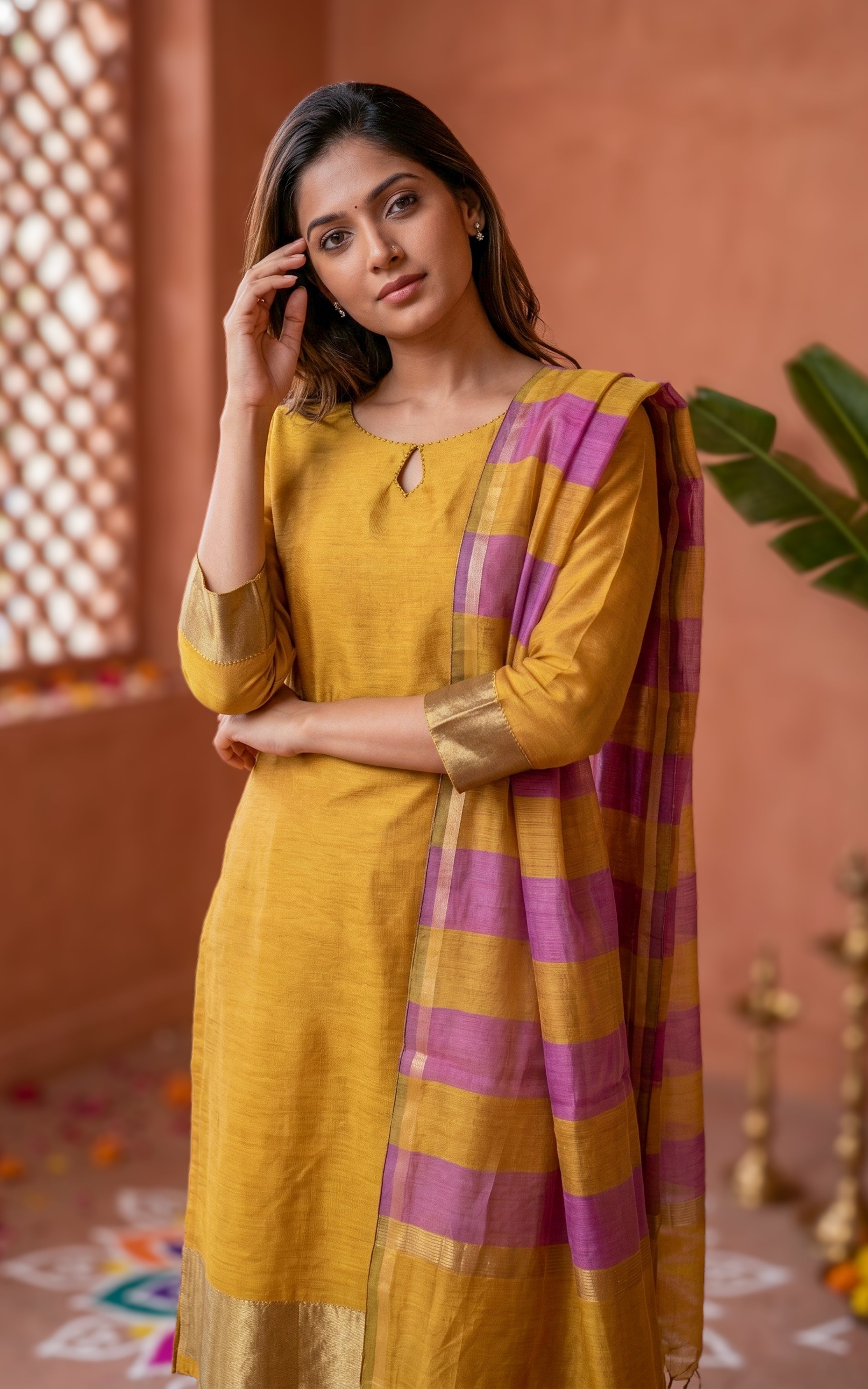Instore – Mustard Nilavazhagi Straight Cut Kurti with Dupatta for Women – Silk Cotton – Keyhole Neck – Festive Ethnic Wear