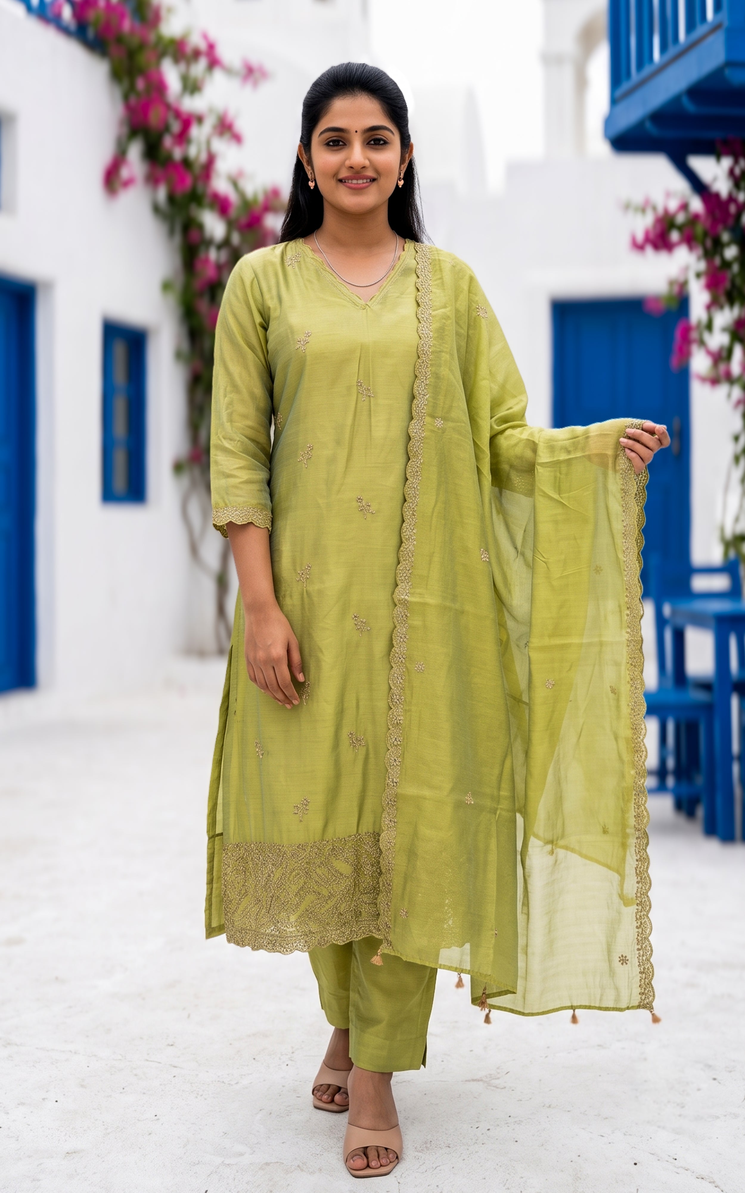 Green Chanderi Designer Straight Cut Kurti Set for Women