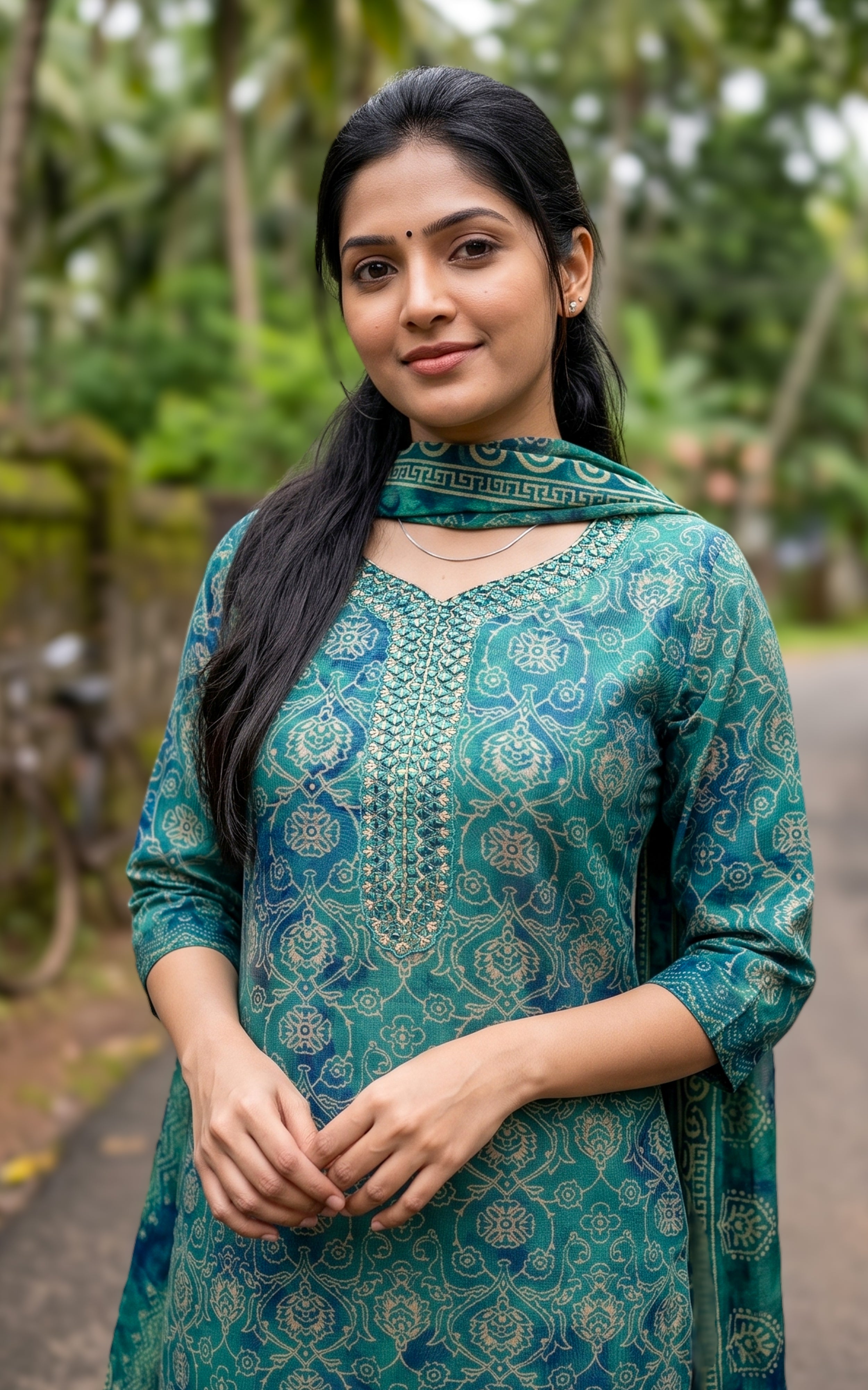 Dark Turquoise Art Silk Office Wear Kurti Set with Dupatta for Women