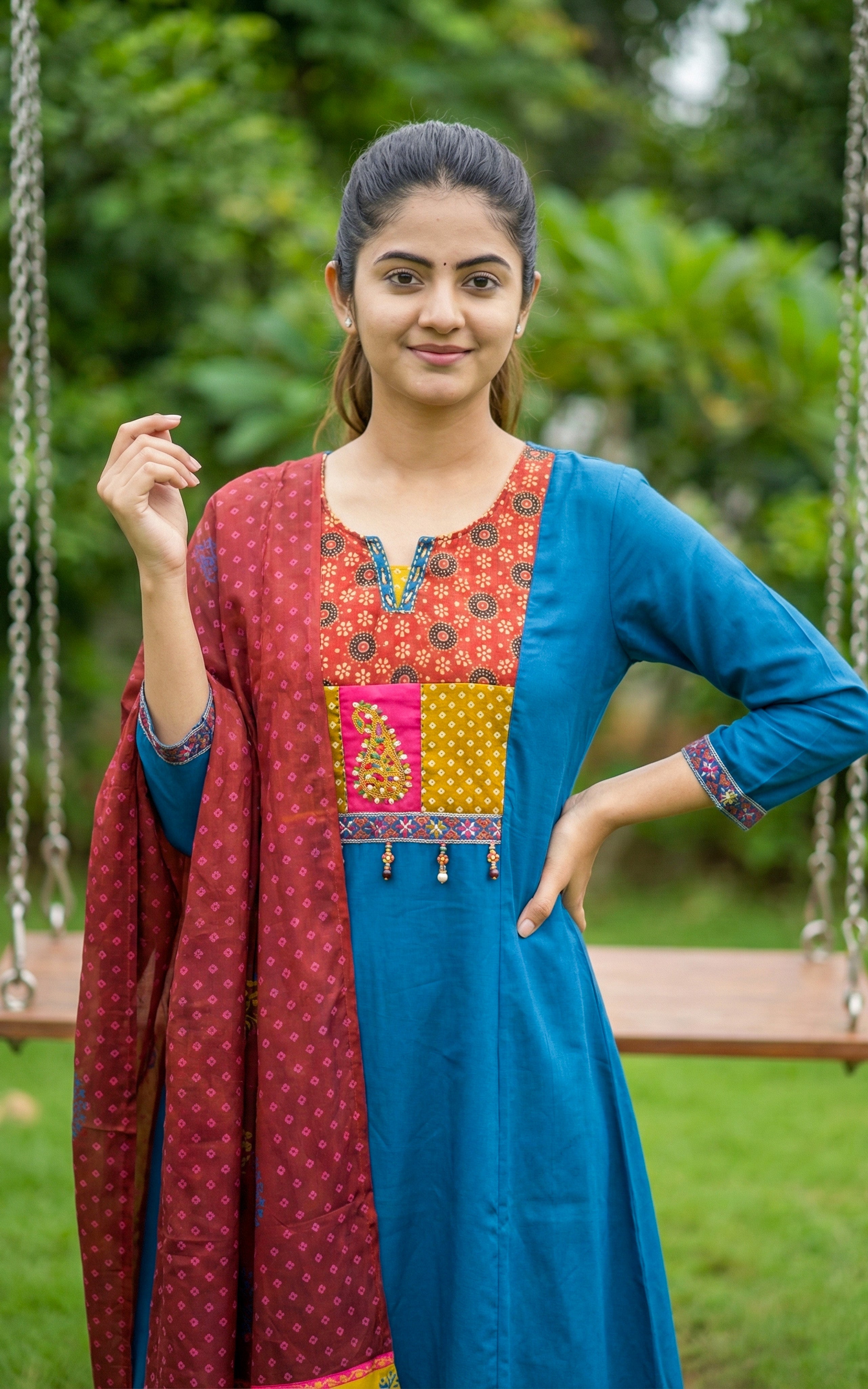 Instore - Peacock blue color art silk embroidery Aline Kurti with elastic waist pant & handblock printed silk cotton dupatta