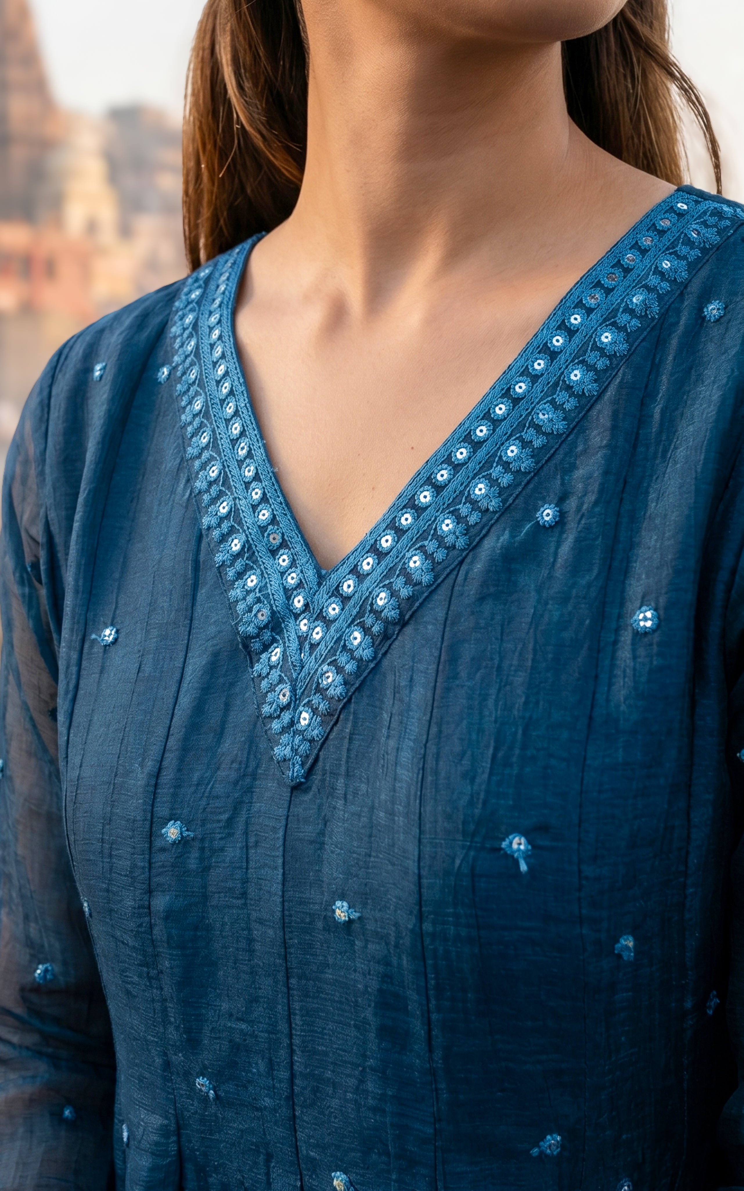 Instore – Teal Blue Mellinam Anarkali Kurti with Dupatta for Women – Crushed Tissue Silk – Sequin Embroidery – Festive Ethnic Wear