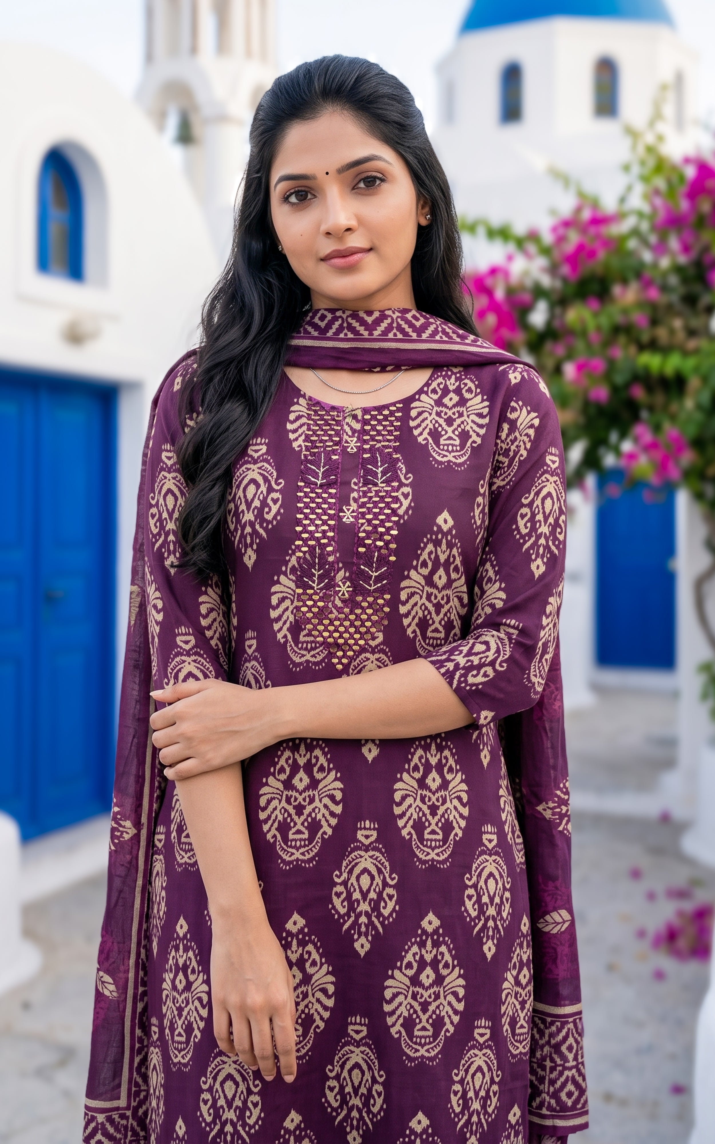 Plum Art Silk Kurti Set with Dupatta for Women