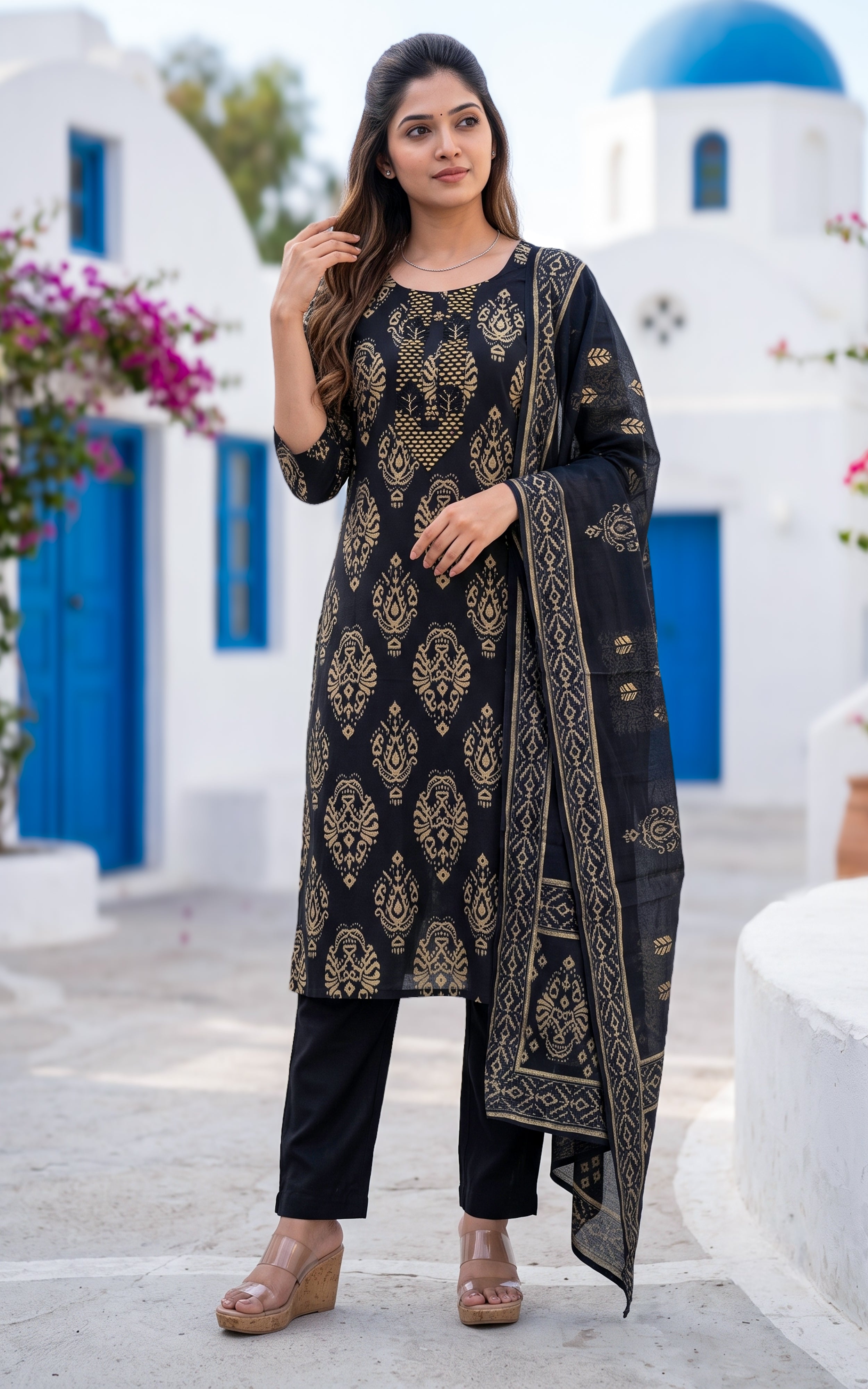 Black Art Silk Casual Wear Kurti Set with Dupatta for Women