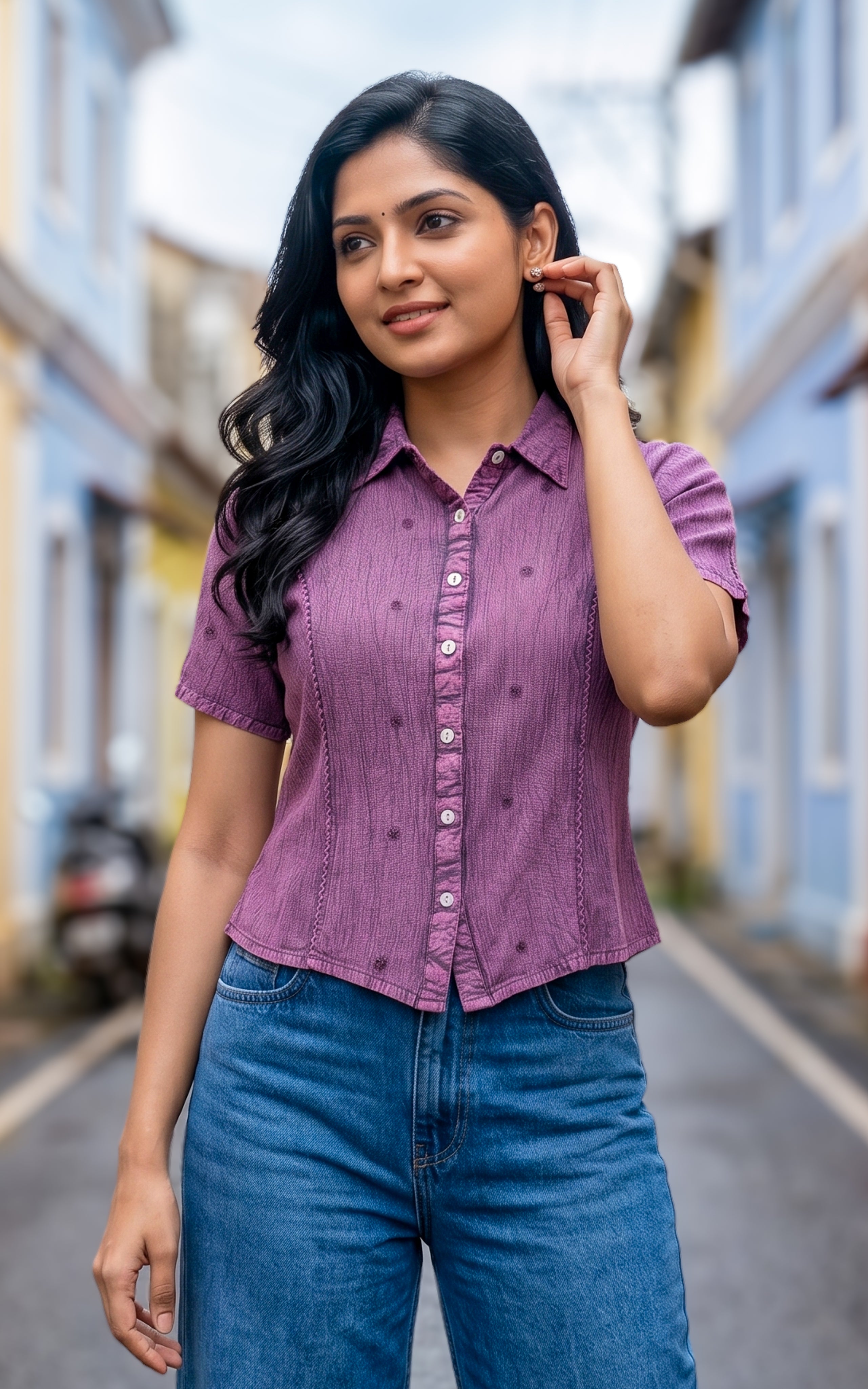 Purple viscose indo western crop top for women