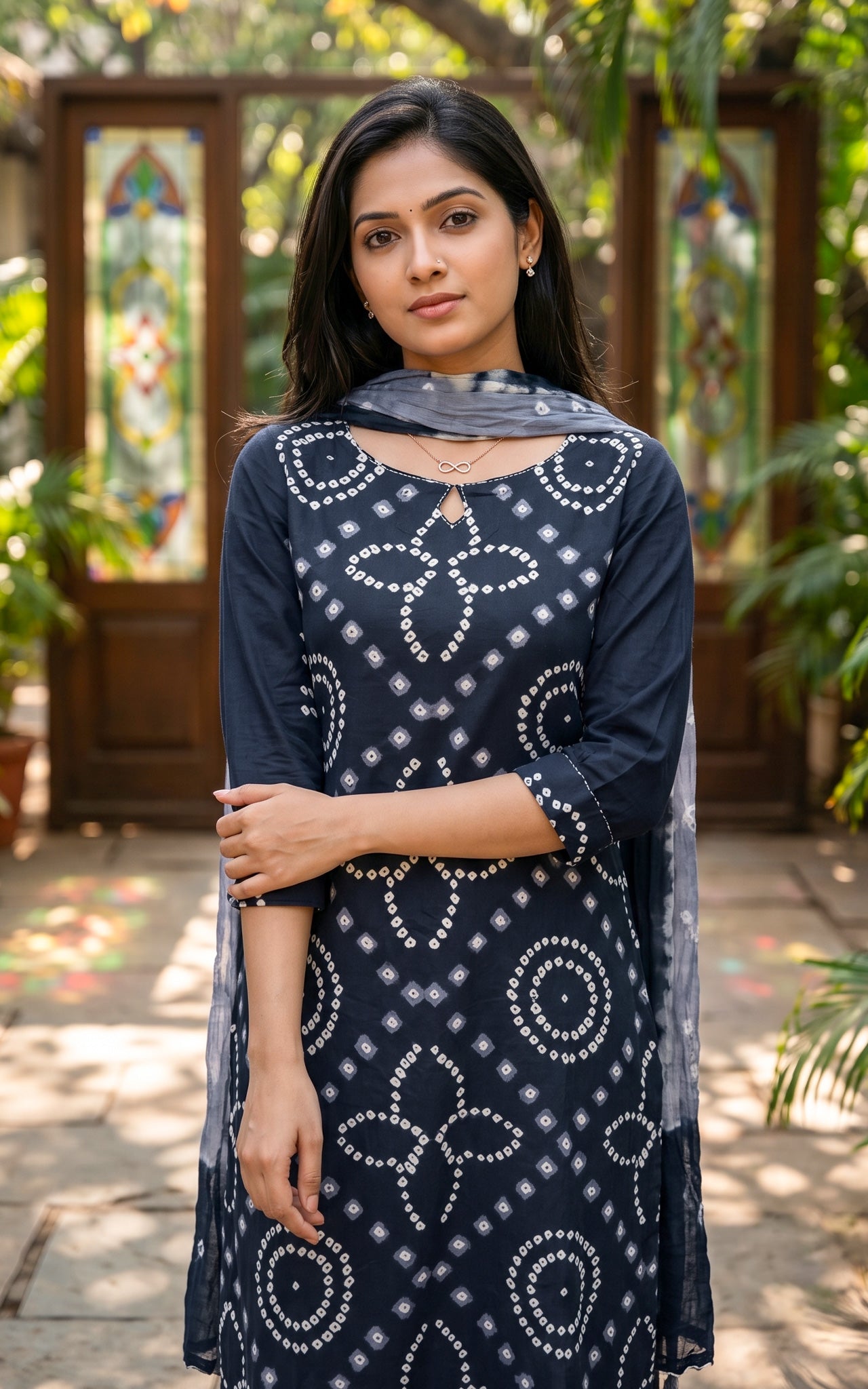 Navy Blue and Grey Cotton Casual Wear Kurti Set for Women