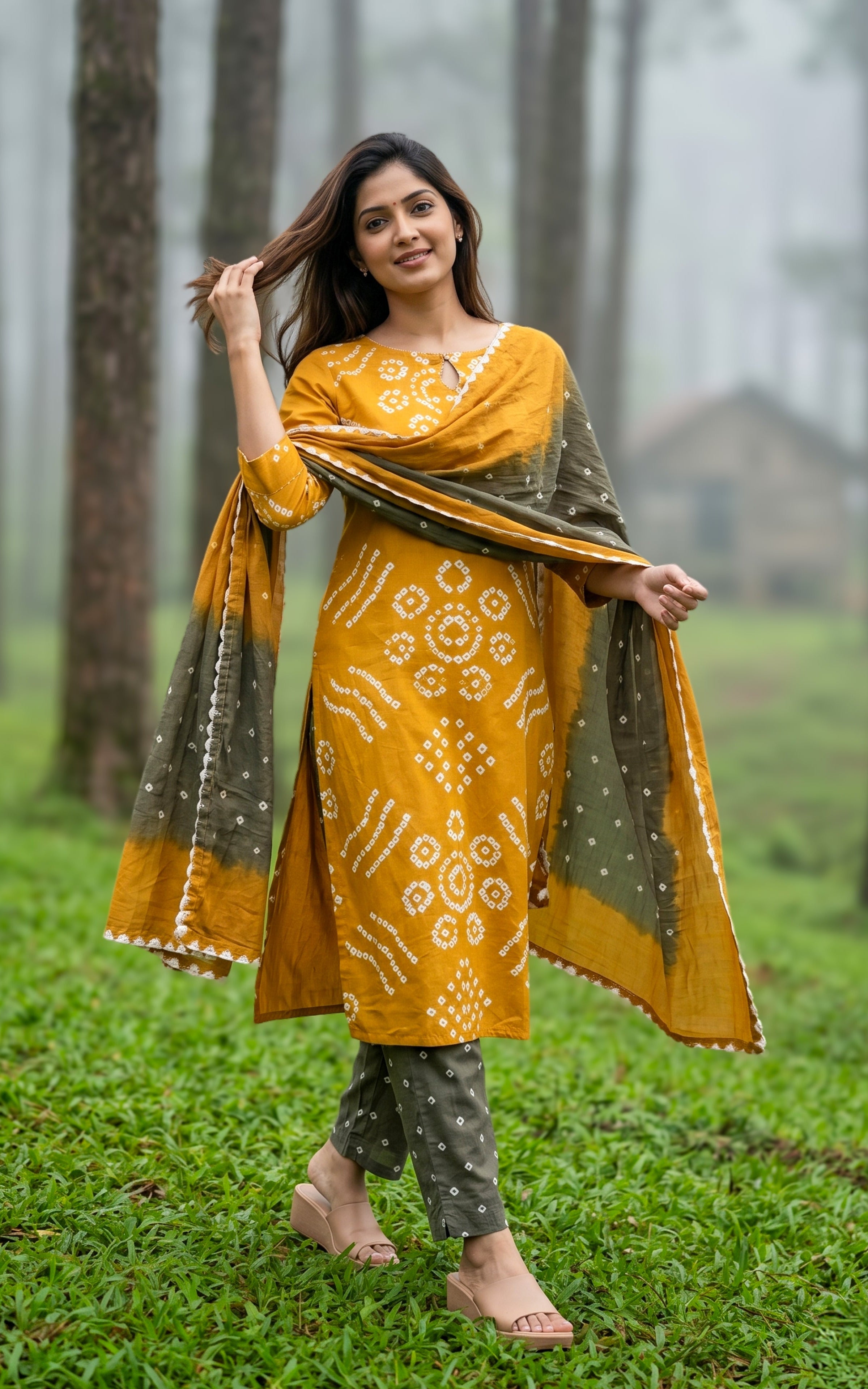 Cotton kurti set with Bandhini dupatta for women
