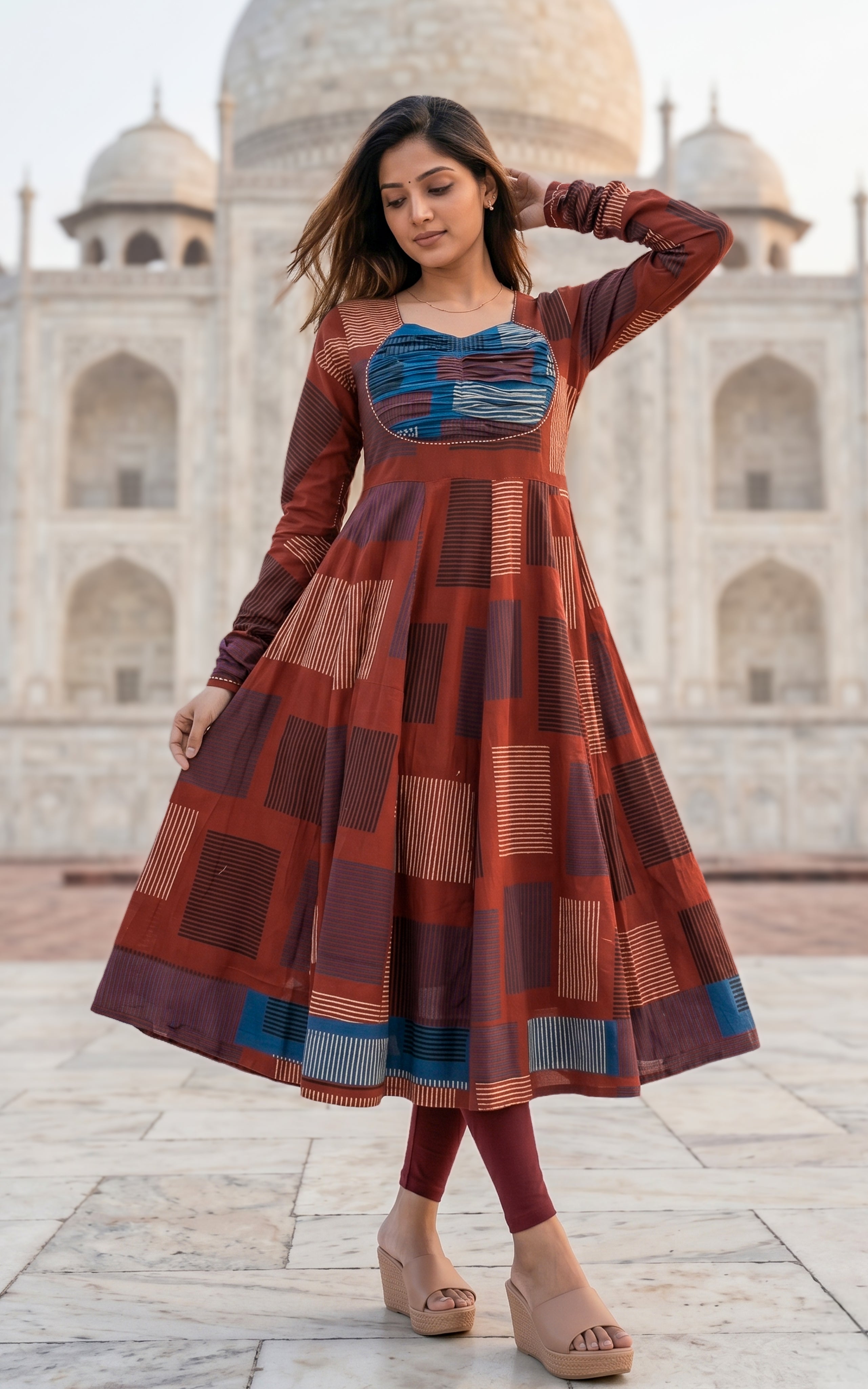 Instore - Maroon Color Printed Cotton Flared Anarkali Kurti with Line Embroidery & Sweetheart Neck with Gathered Sleeve
