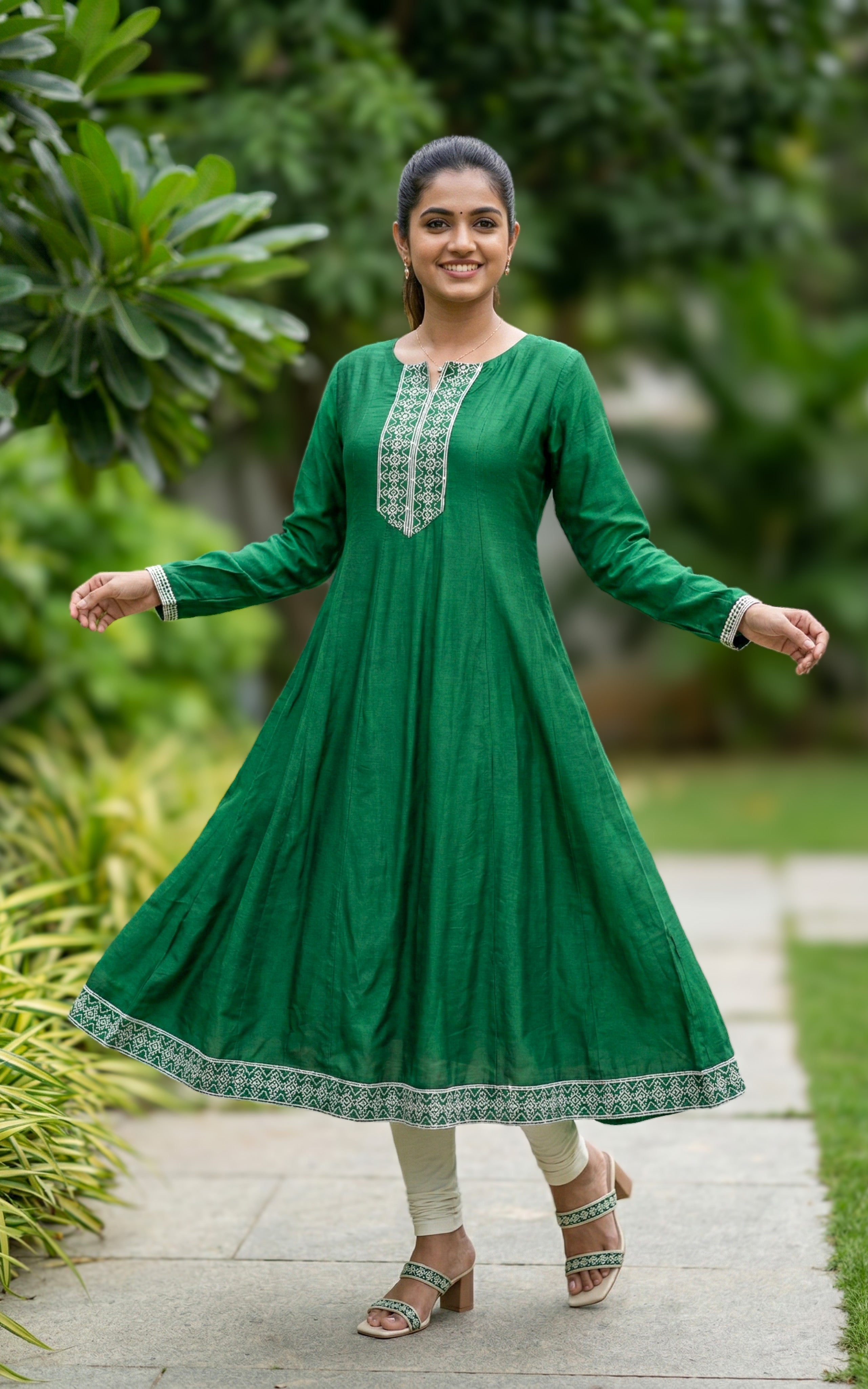 Green Art Silk Flared Anarkali with Chikankari Embroidery