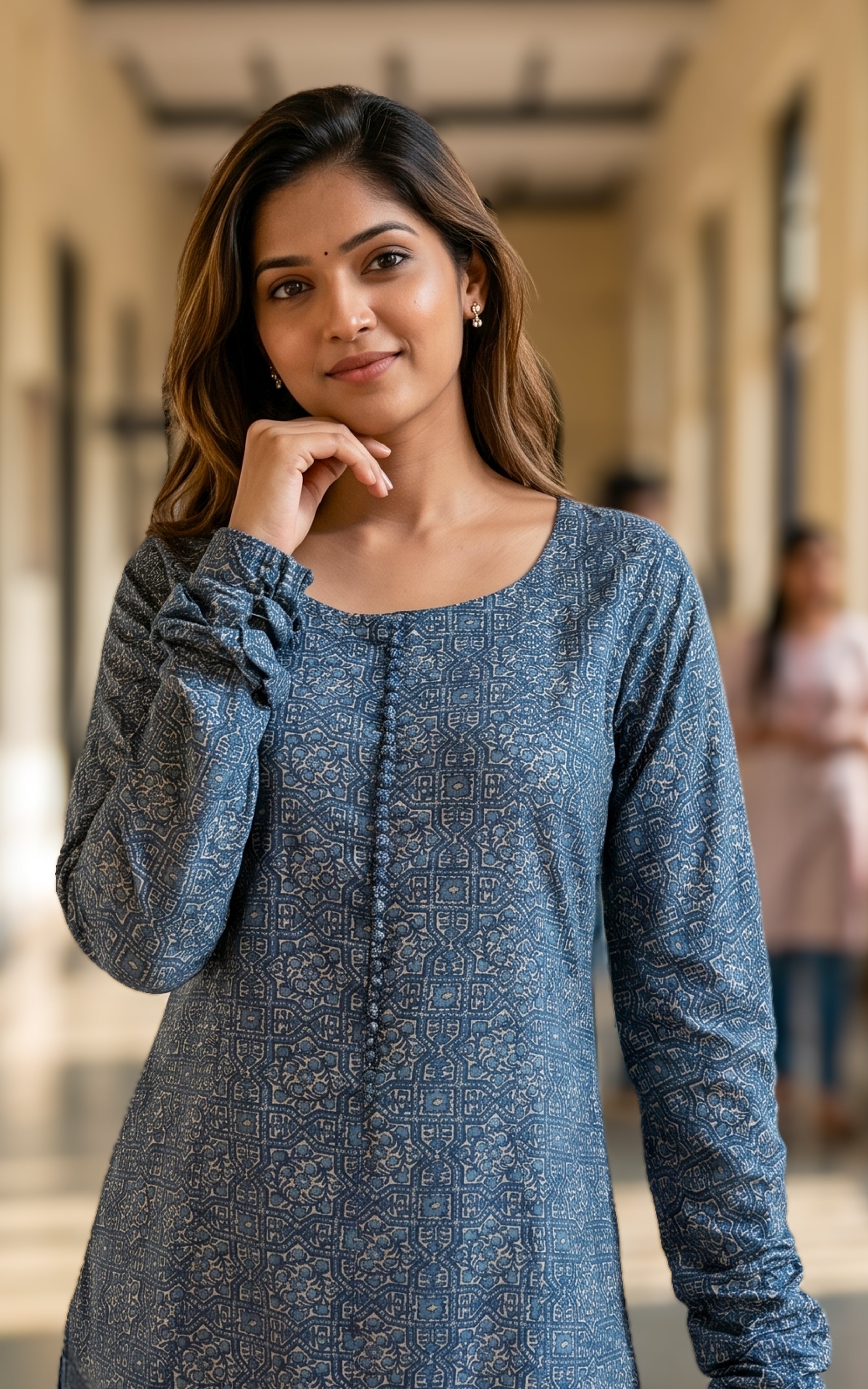 Cotton kurti with gathered sleeves for women