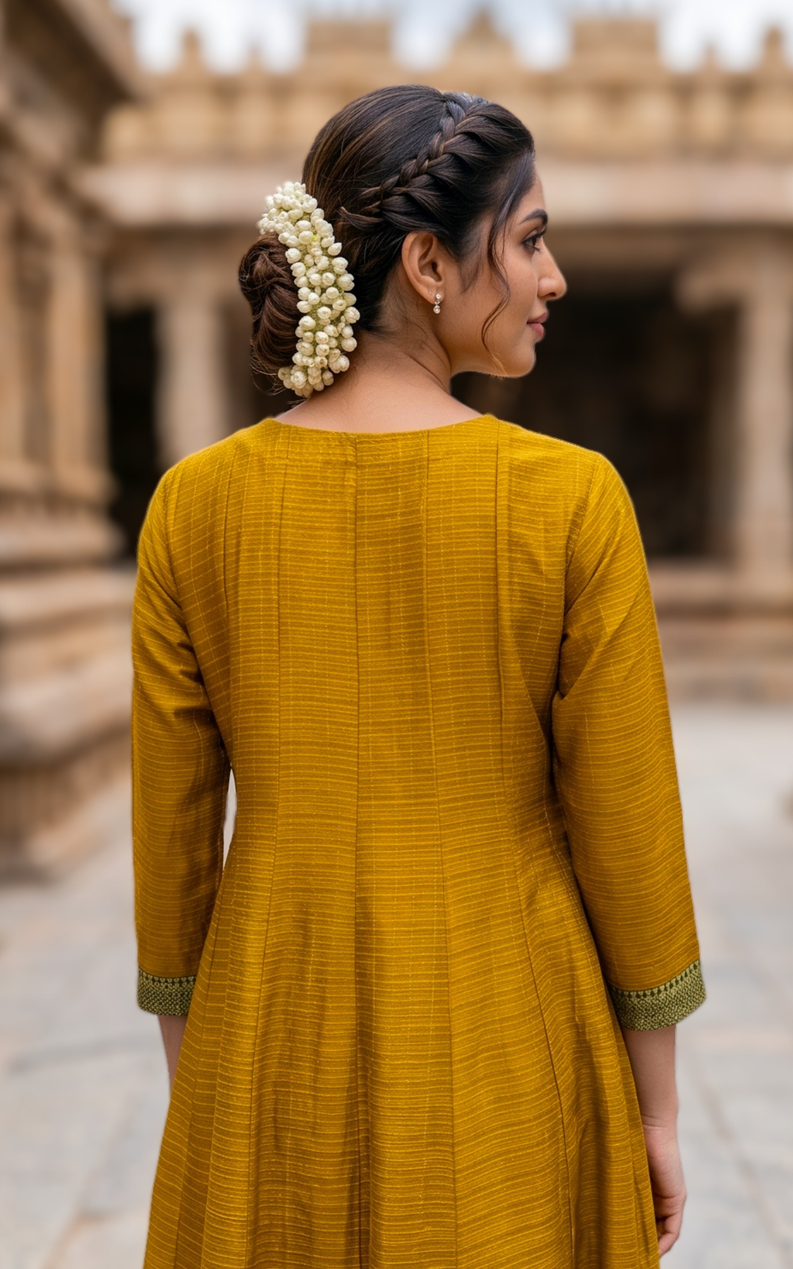 Instore – Mustard Azhagumalar Anarkali Kurti for Women – Slub Cotton – Contrast Zari Border – Festive Ethnic Wear