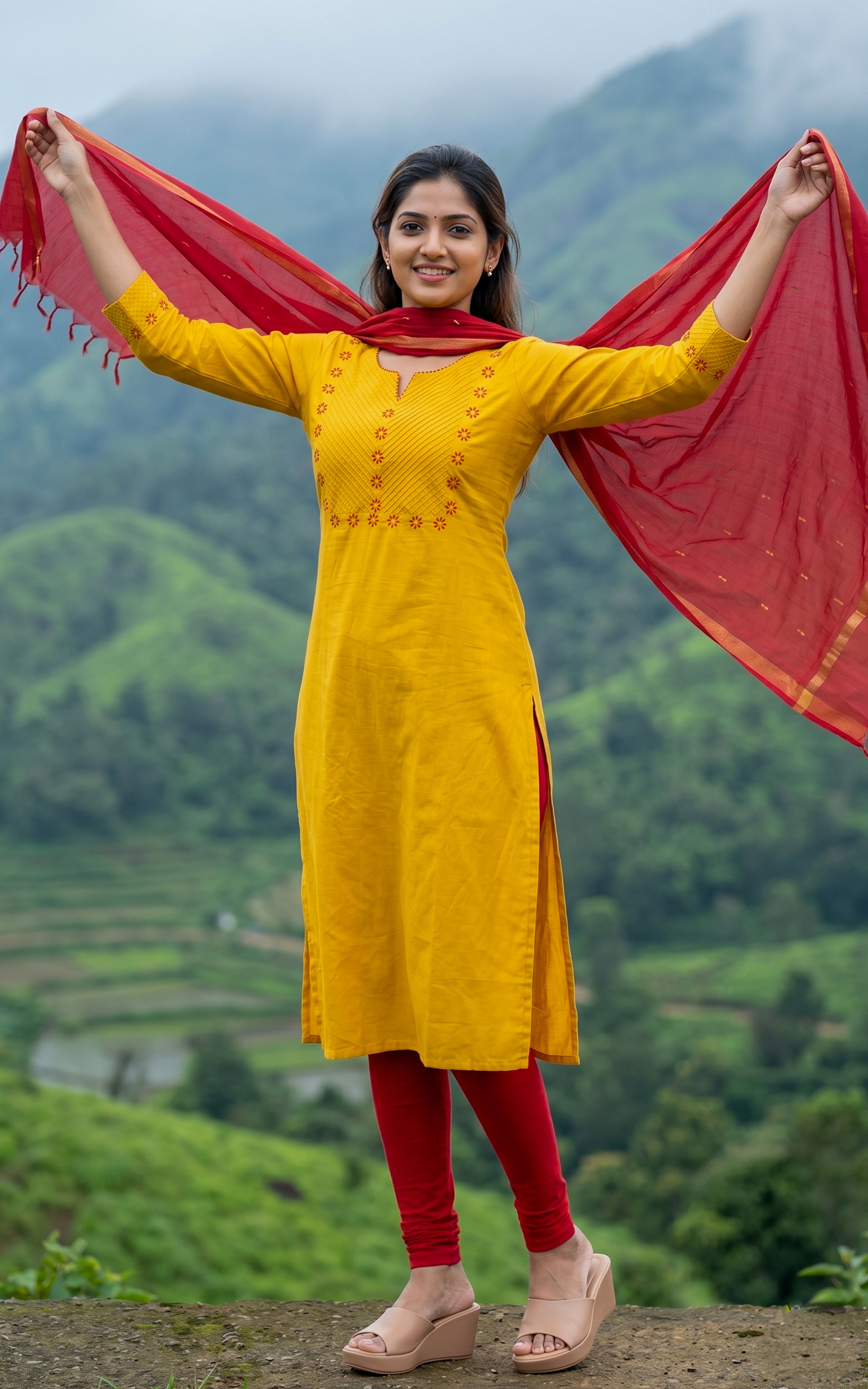  Instore – Mustard Cotton Straight Cut Kurti with Dupatta for Women – Side Slit – Ethnic Wear